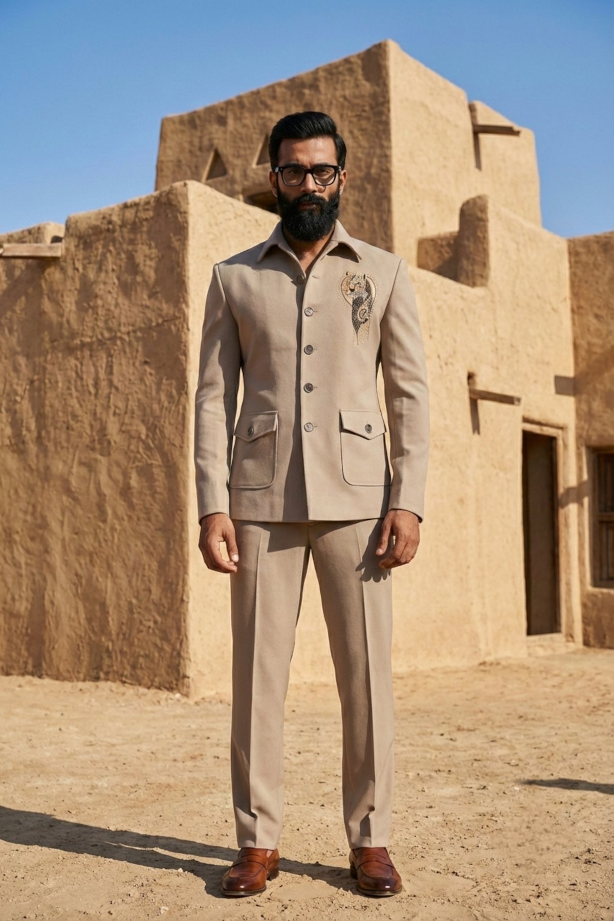 Light Grey Suede Jacket Set with Embroidered Leopard Motif