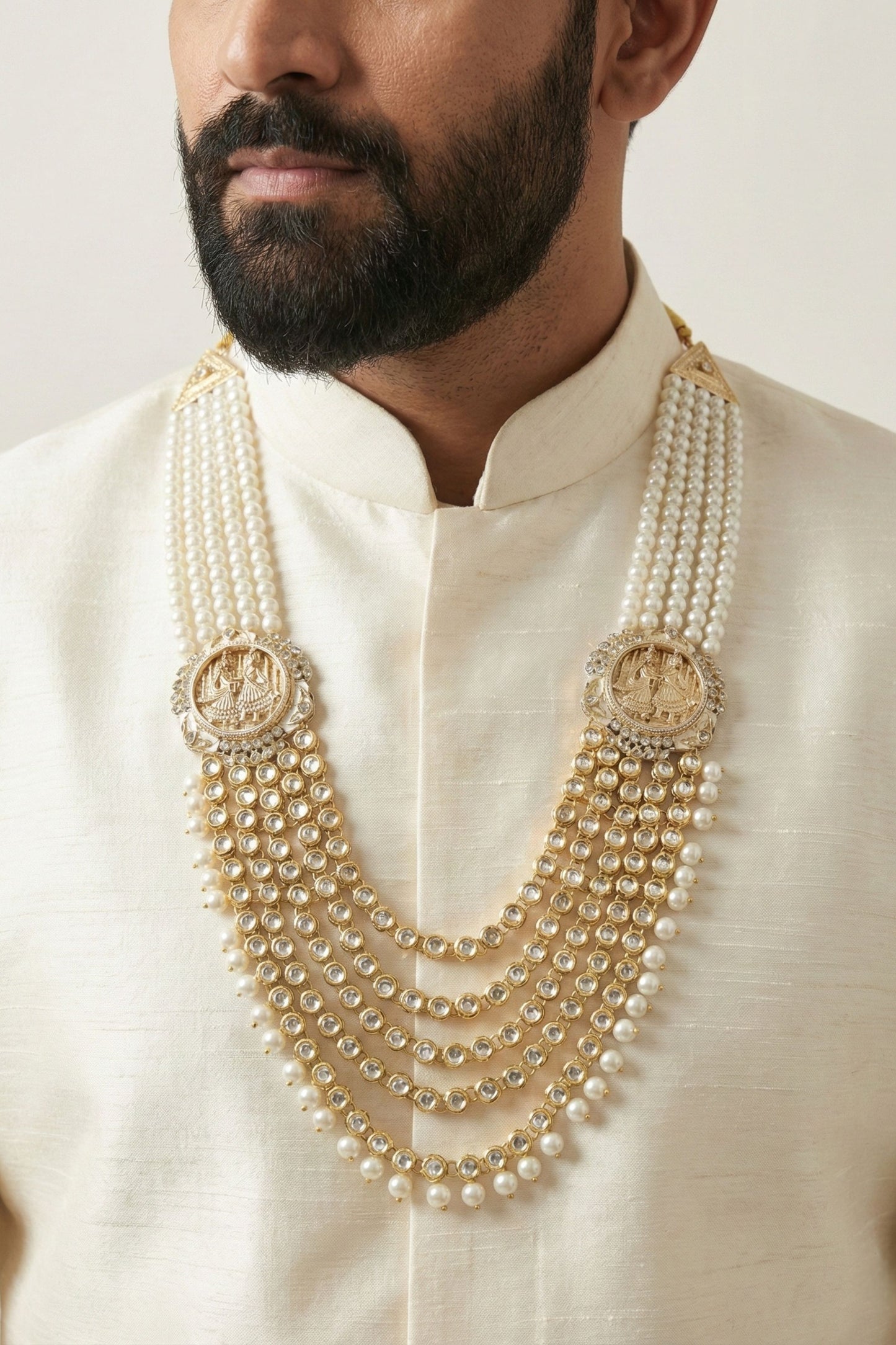 Premium 5-Layer Pearl and Kundan Mala with Antique Broches