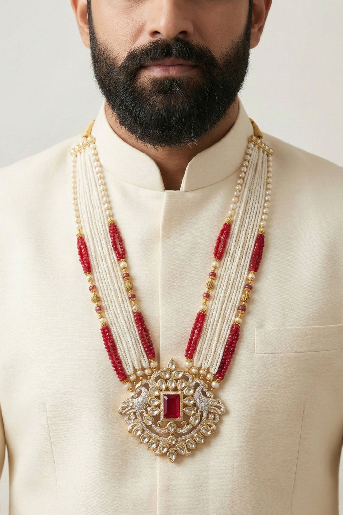 Premium Multi-Strand Pearl & Red Bead Mala