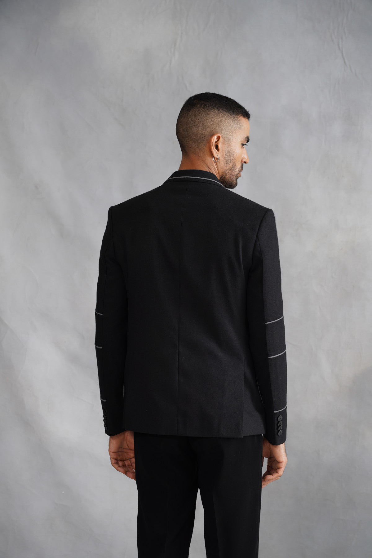Black Poly Cotton Blazer with Piping Work