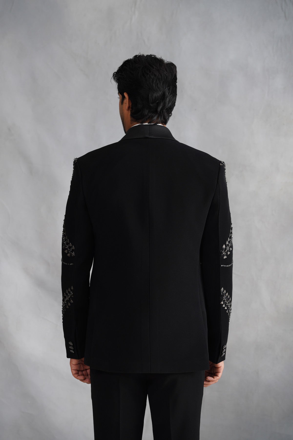 Black Tuxedo Suit with Mettalic Silver Leaf Vine Embroidery
