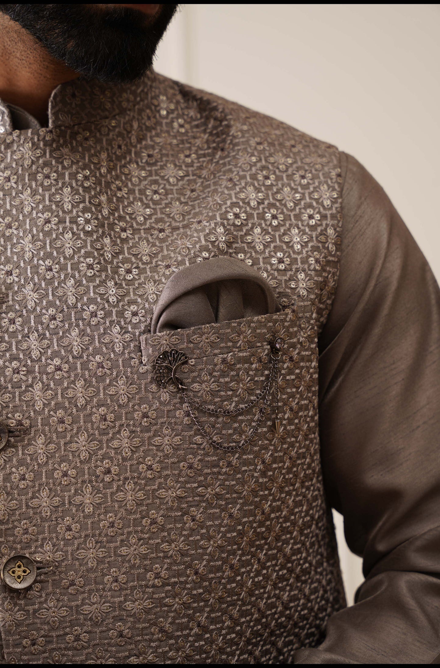 Dark Grey Resham And Sequins Embroidered Waistcoat Kurta Set