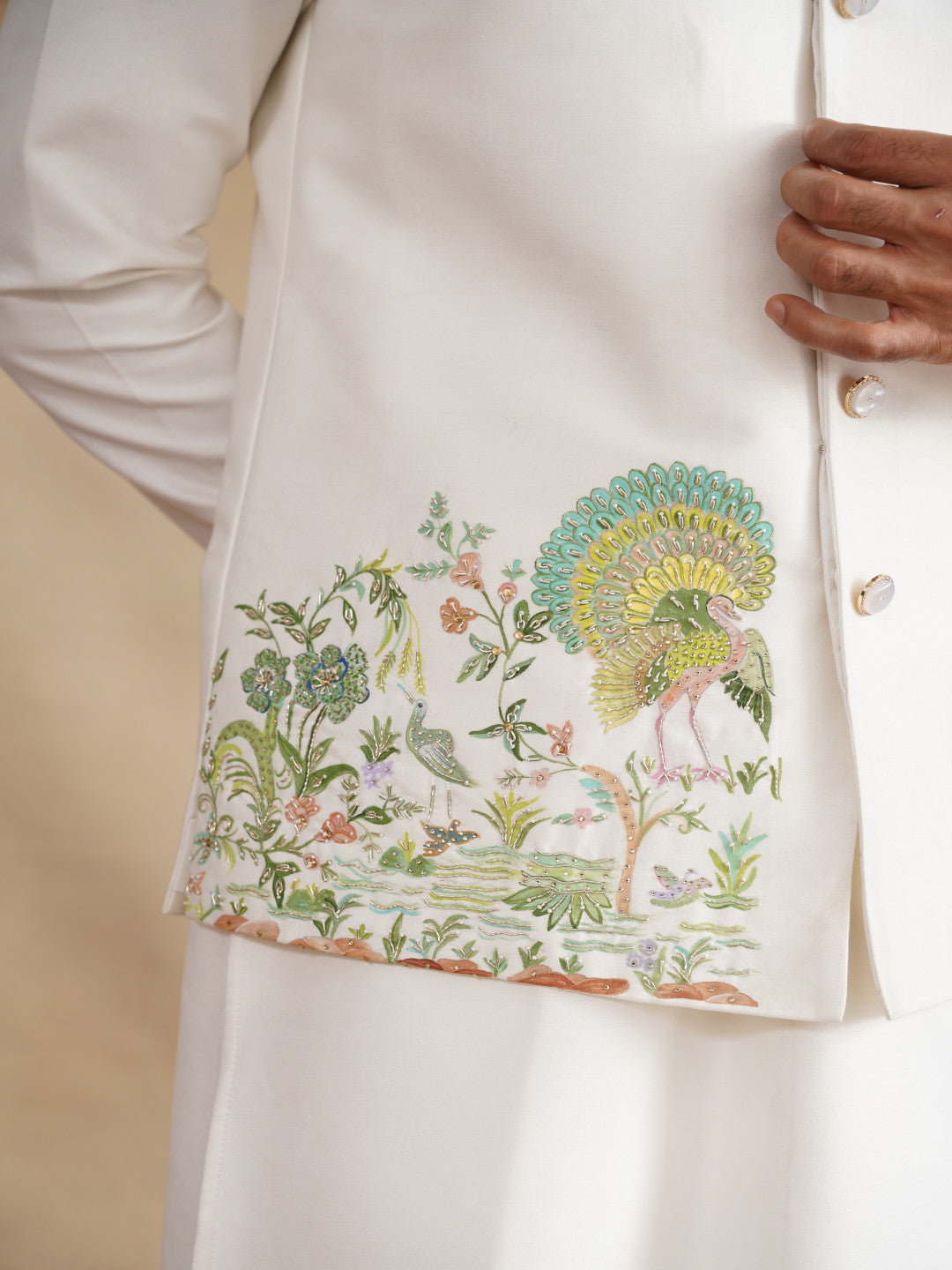 White Hand Painted with Hand Work Waist Coat Kurta Set on silk