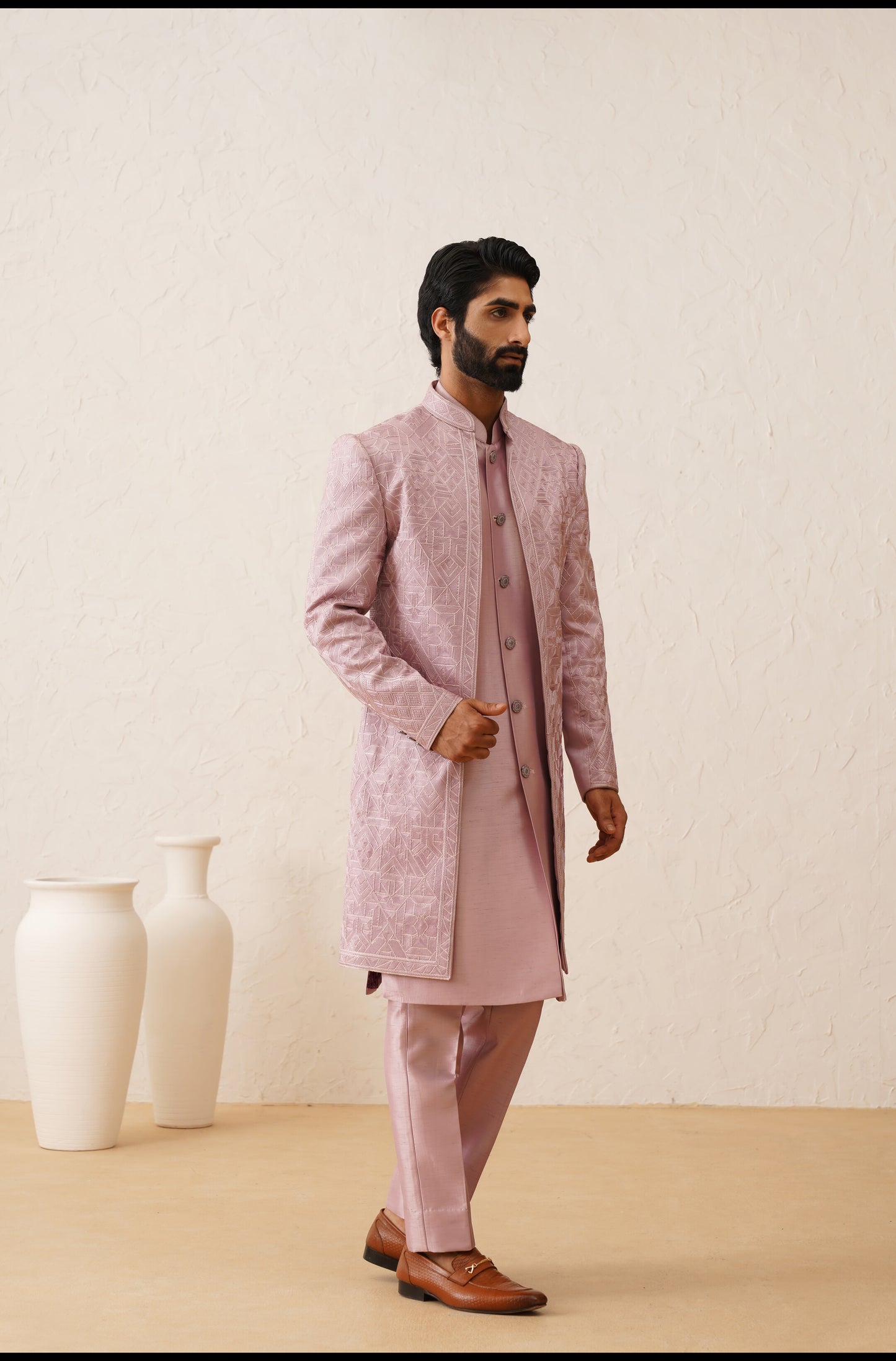 Light Pink Thread Embroidered Open Indowestern Set