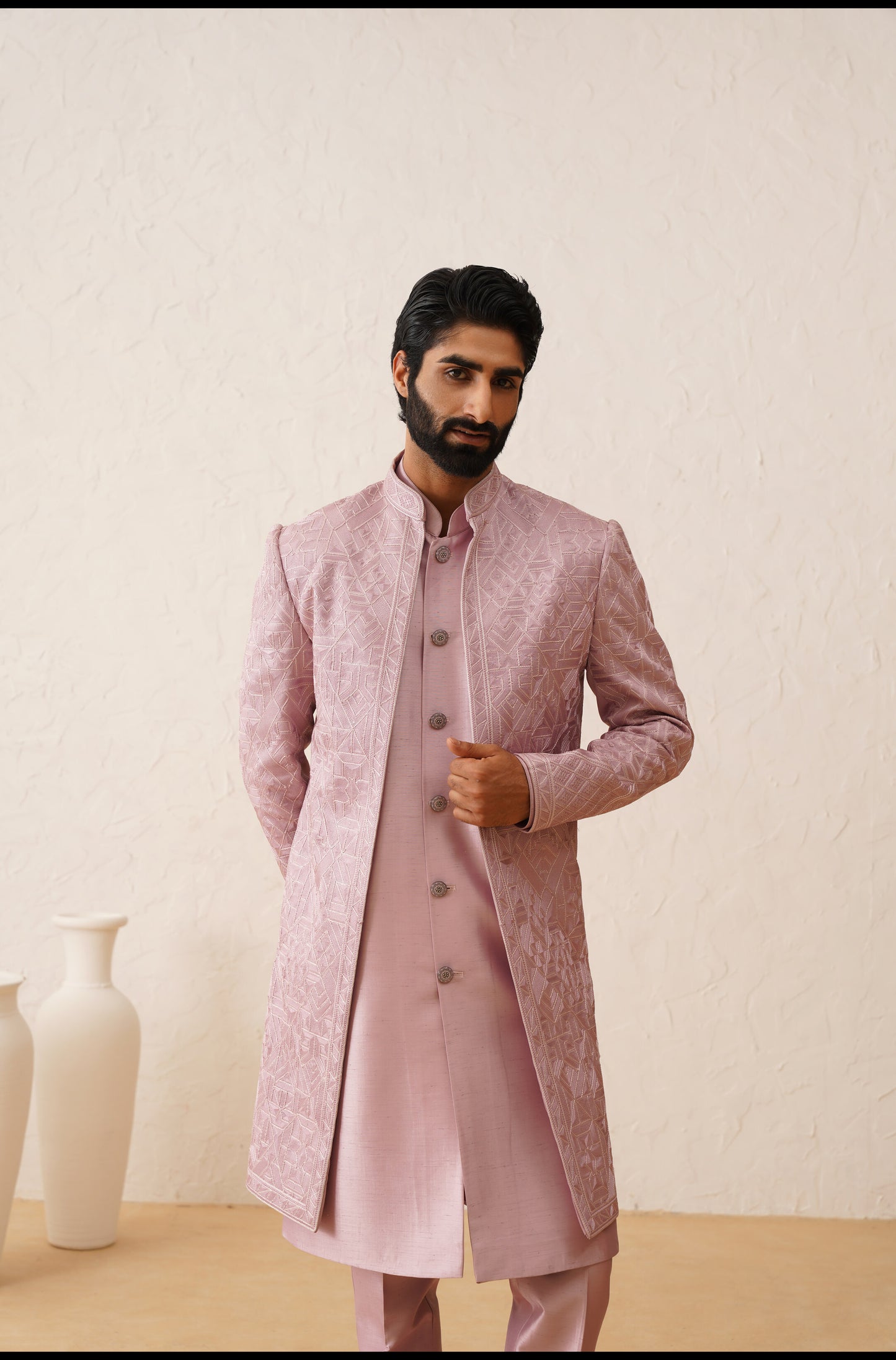 Light Pink Thread Embroidered Open Indowestern Set