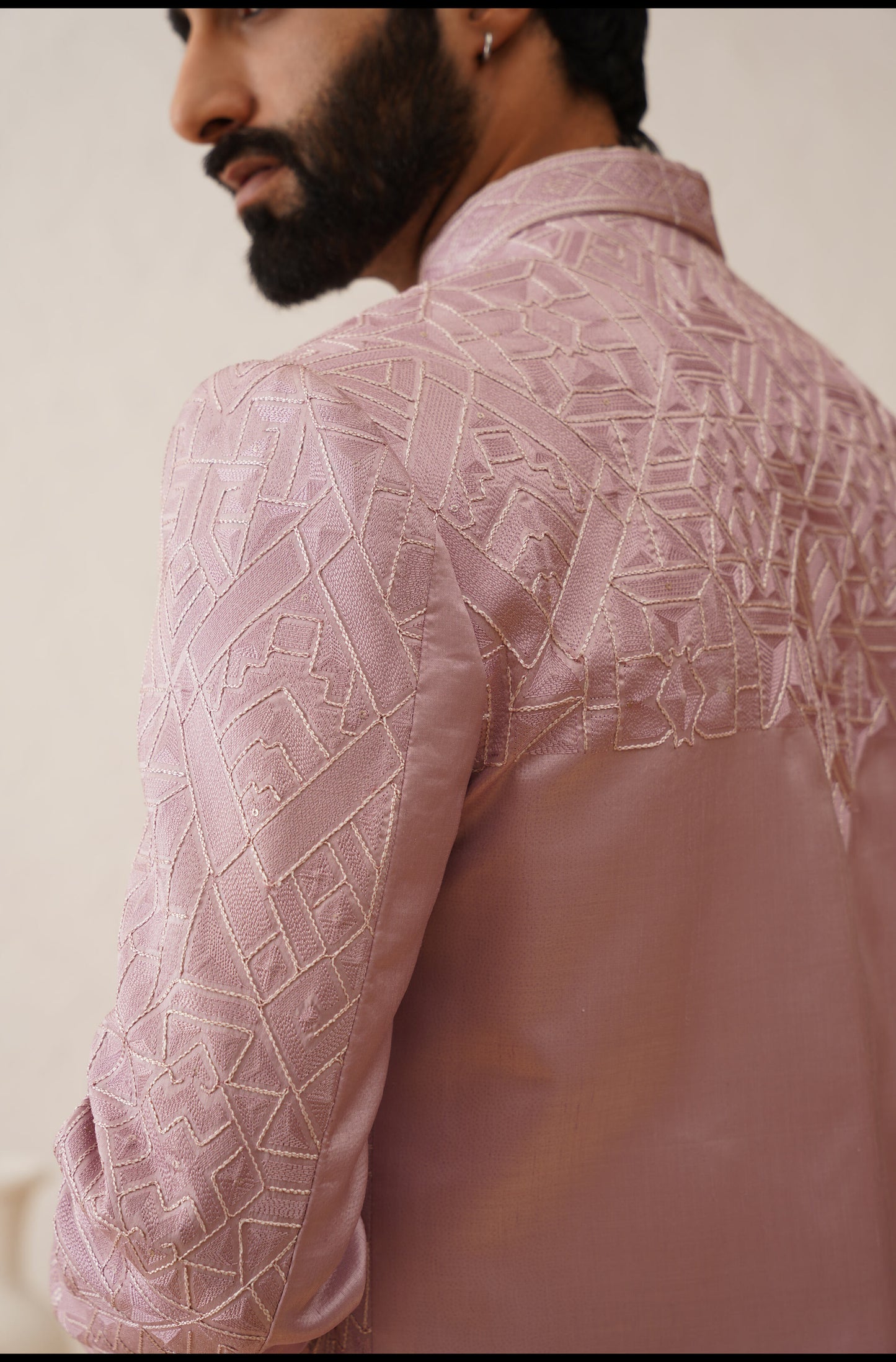 Light Pink Thread Embroidered Open Indowestern Set