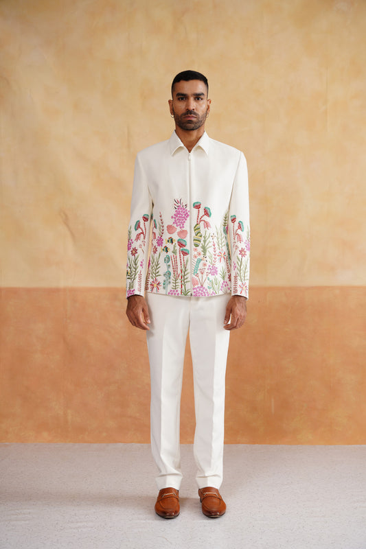 Ivory Zip-Front Jacket Set with Colorful Coral Reef & Fish Embroidery