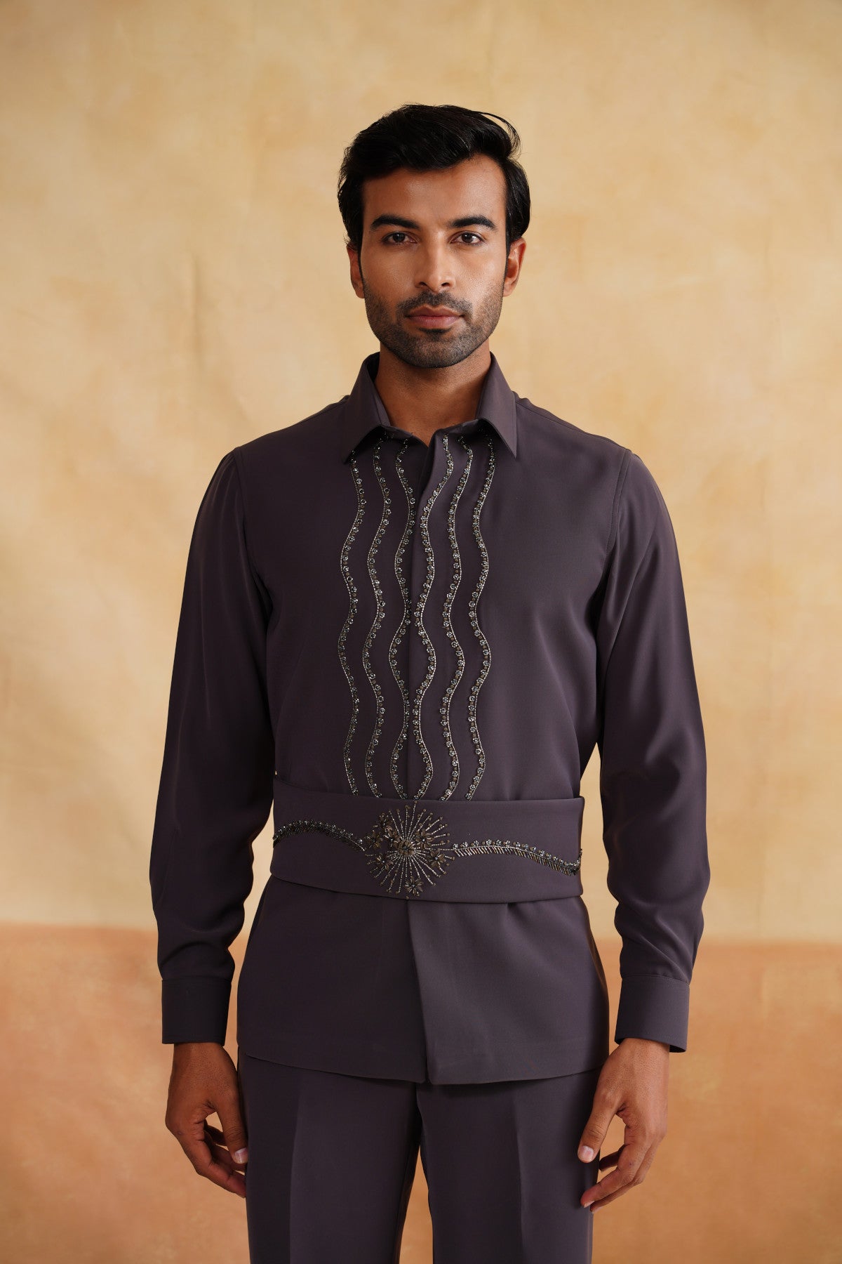 Grey Suit with Dandelion Embroidery, Matching Shirt & Cummerbund