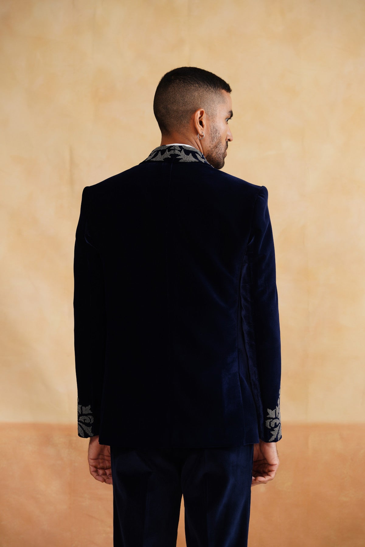 Navy Blue Velvet Tuxedo with Heavy Silver Beads Embroidery