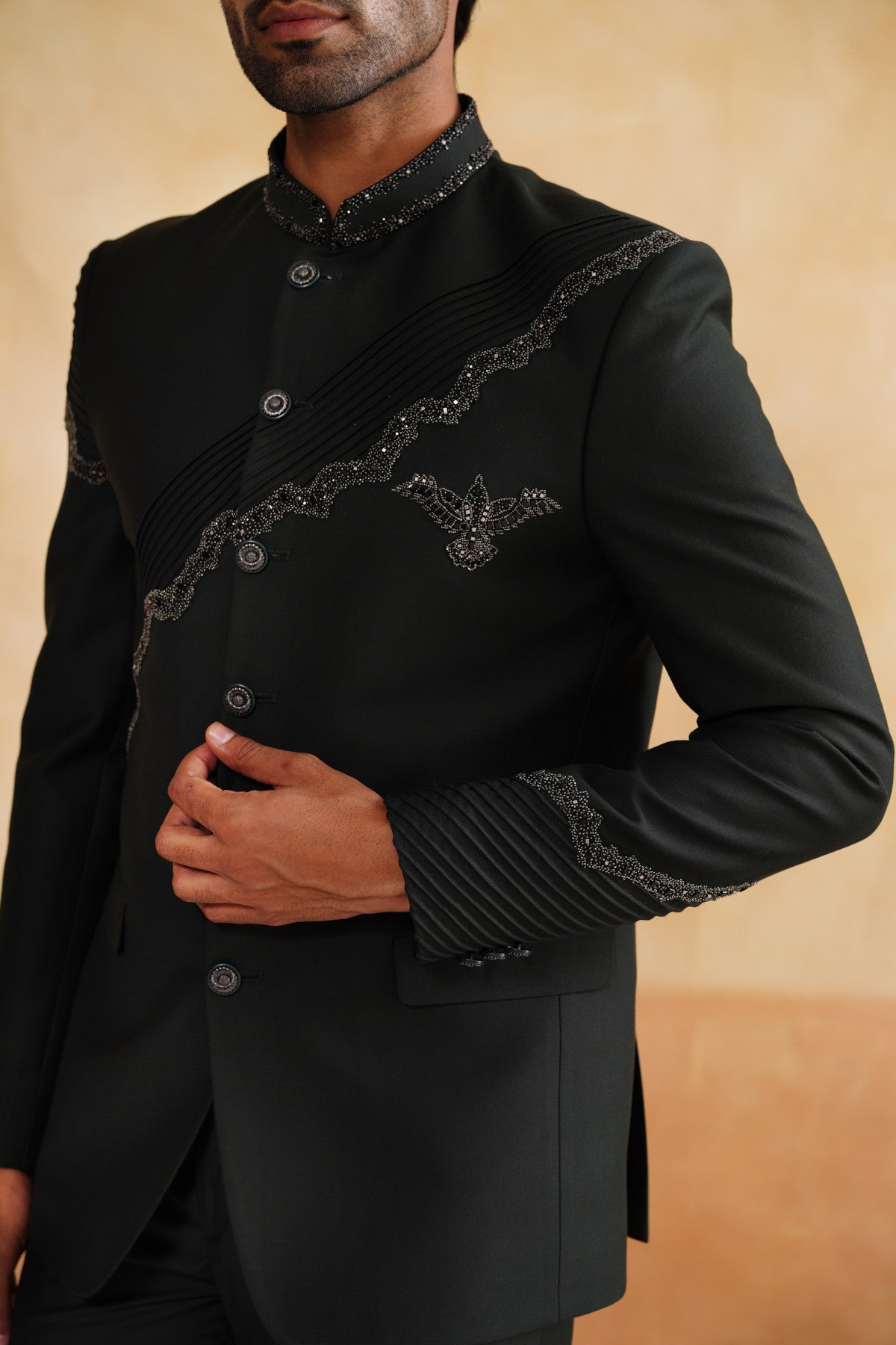 Grey Bandhgala Suit with Pintex Detailing & Crystal Slash Embroidery