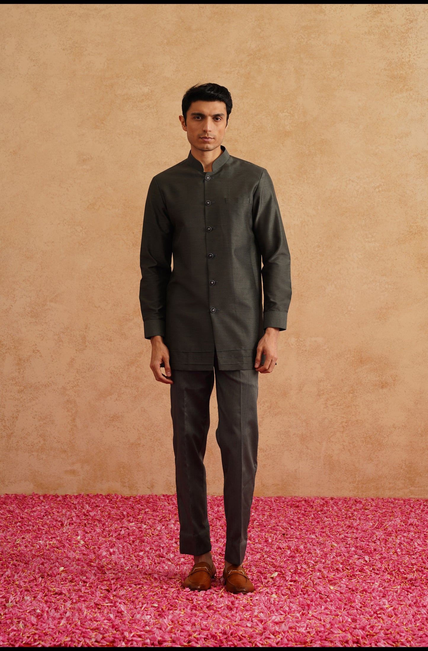 Charcoal Grey Short Indowestern Embroidered With Thread And Sequins On Silk