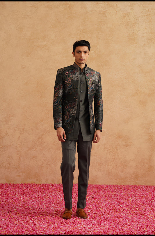 Charcoal Grey Short Indowestern Embroidered With Thread And Sequins On Silk