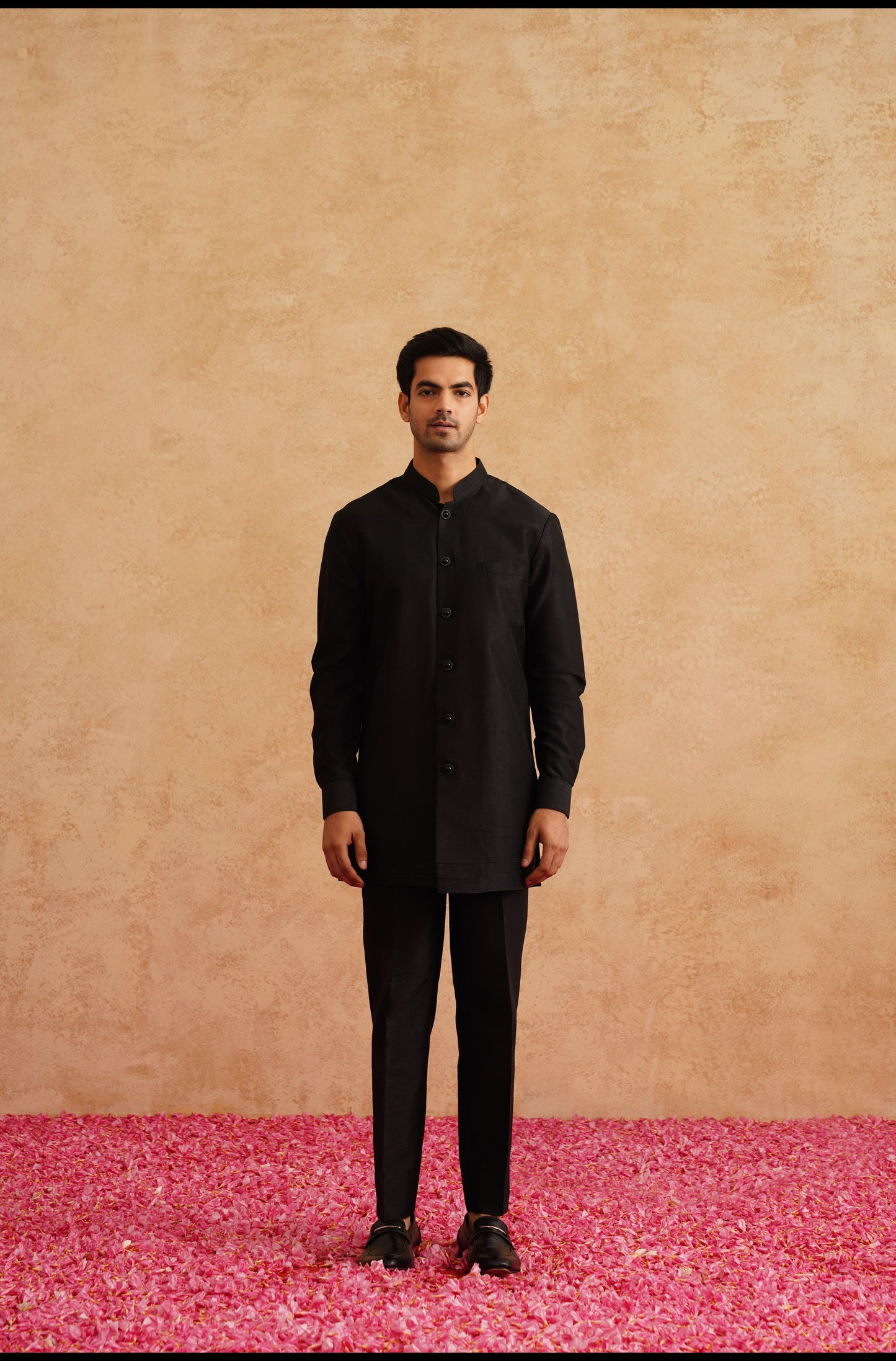 Black Short Indowestern Embroidered With Multi Color Thread On Silk