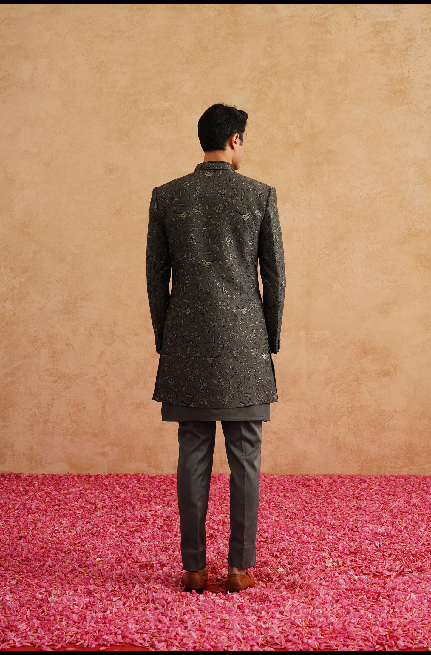 Charcol Grey Indowestern With Thread And Sequins Embroidery On Silk