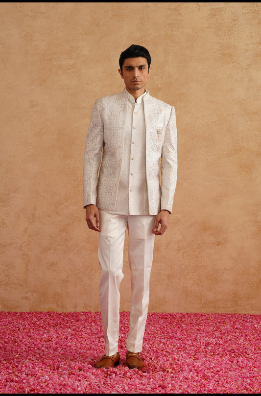 White Thread And Sequins Embroidered Short Indowestern On Silk