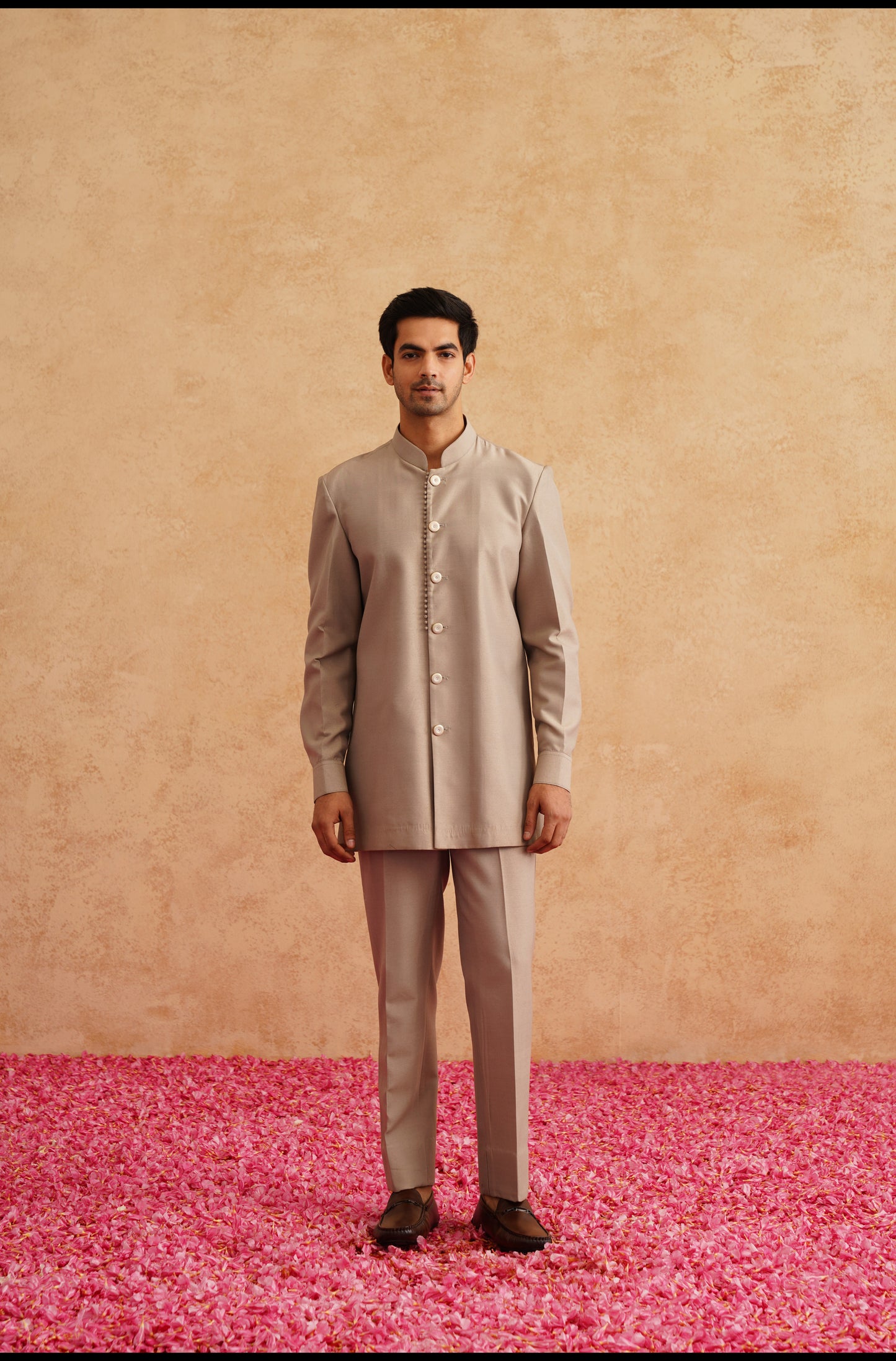 Champagne Indowestern Embroidered With Thread And Faux Mirror On Silk
