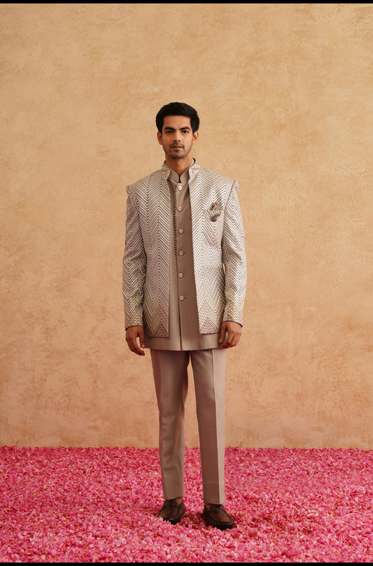 Champagne Indowestern Embroidered With Thread And Faux Mirror On Silk