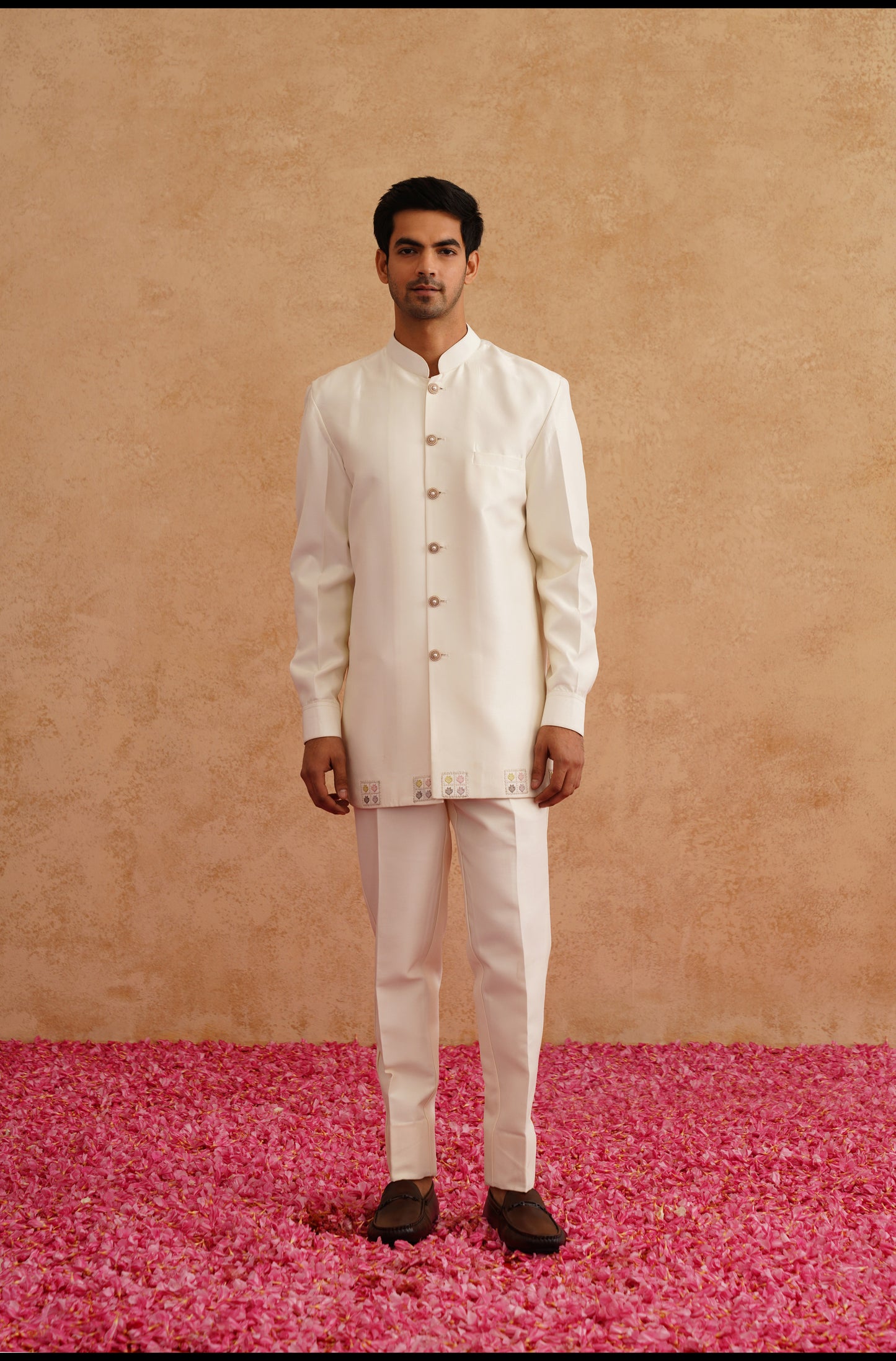 White Indowestern Embroidered With Thread And Pearl Embroidery On Silk