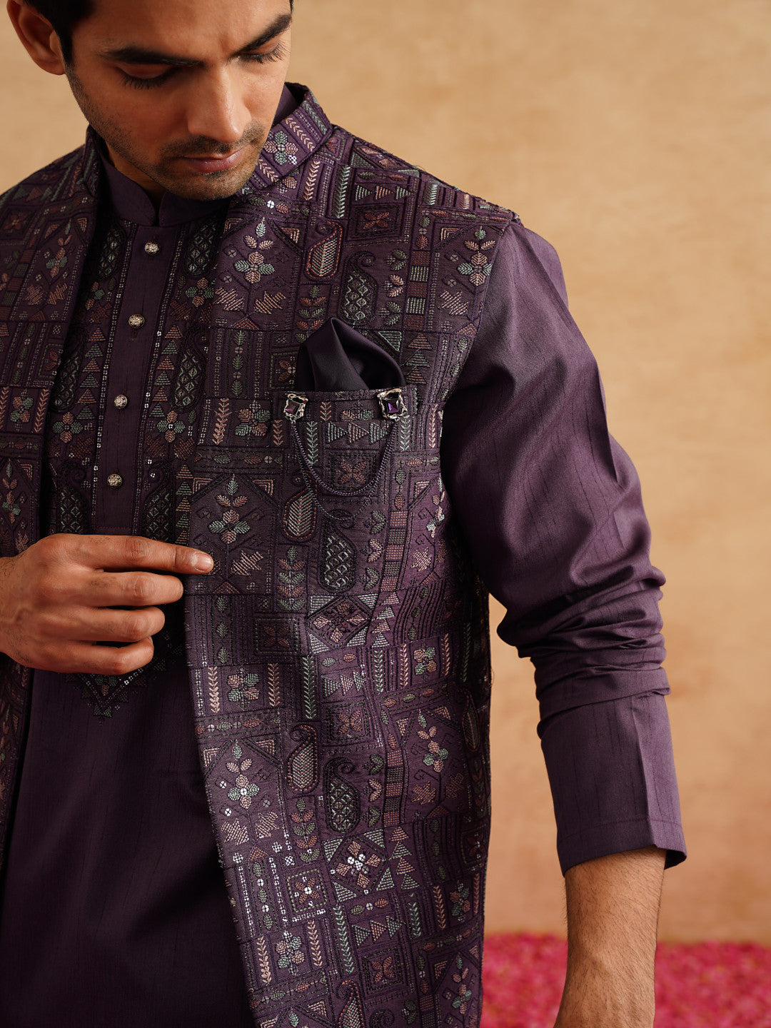 Purple Open Waistcoat Kurta Set With Thread And Sequins Embroidery