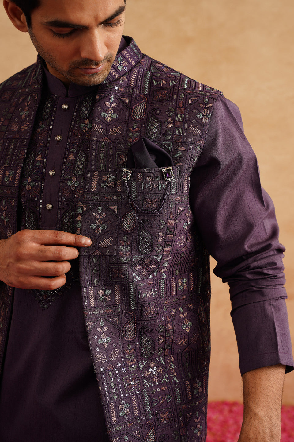 Purple Open Waistcoat Kurta Set for Men with Thread and Sequins Embroidery