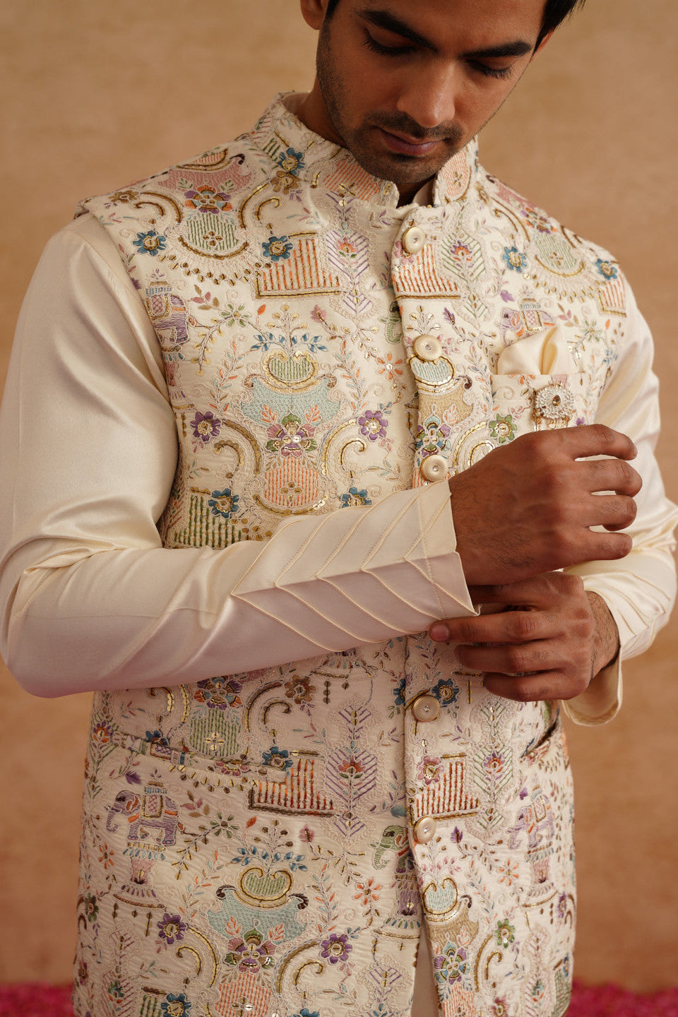 Multicolor Waistcoat Kurta Set for Men with Thread and Sequins Embroidery
