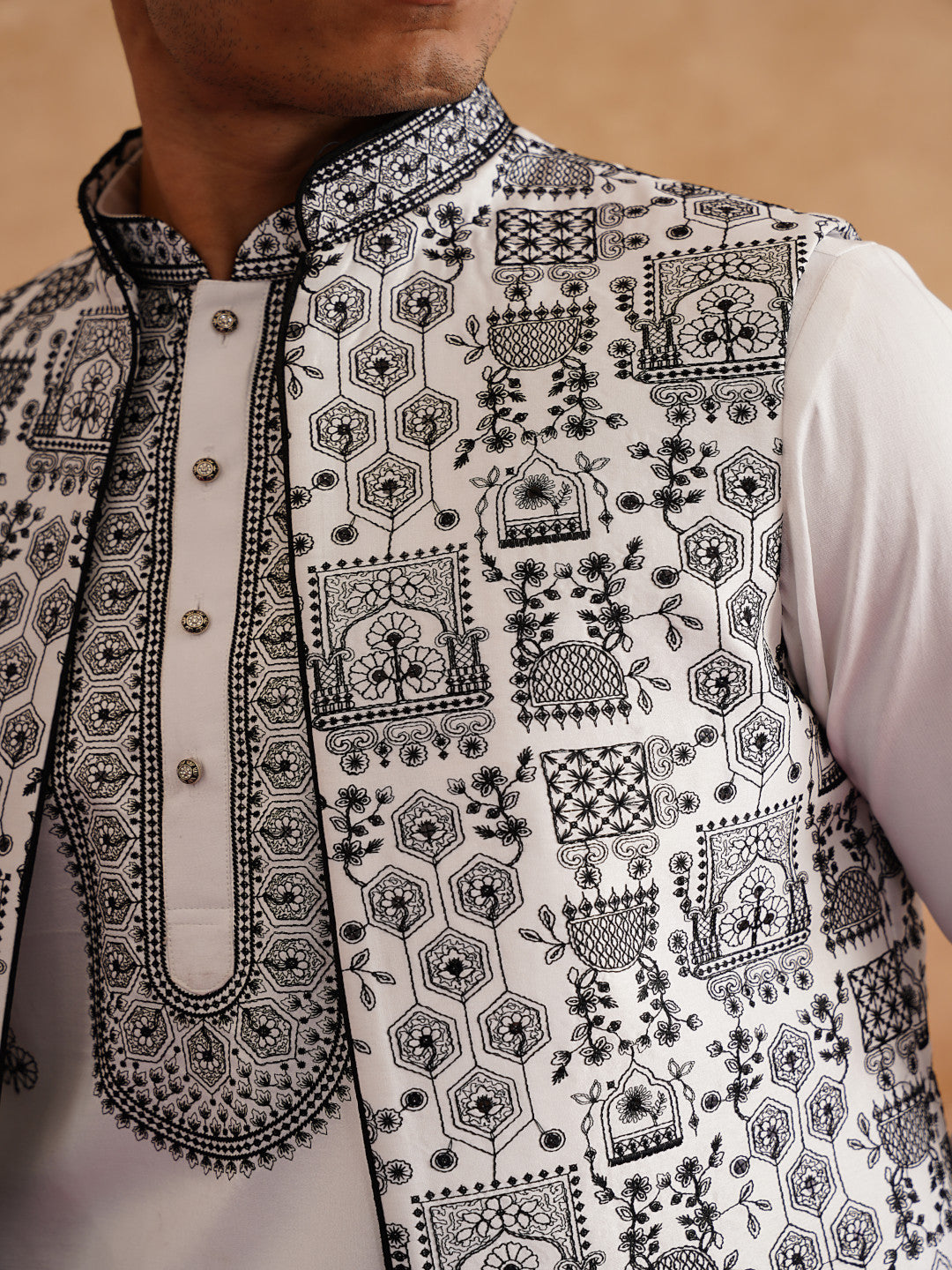 White & Black Open Waistcoat Kurta Set With Thread Embroidery