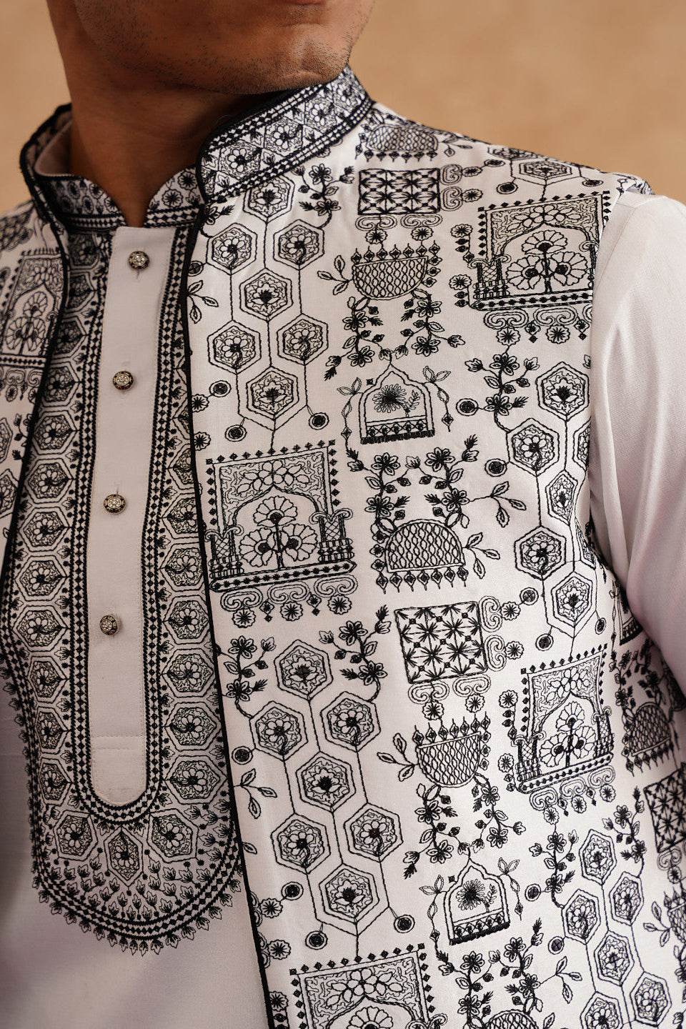 White & Black Open Waistcoat Kurta Set for Men with Thread Embroidery