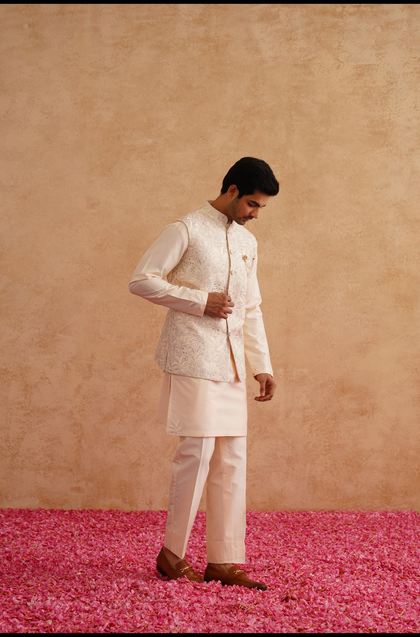 Light Beige Thread Embroidered Waistcoat Kurta Set
