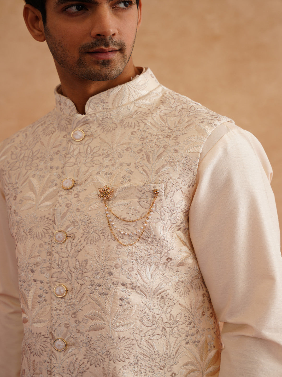 Light Beige Thread Embroidered Waistcoat Kurta Set