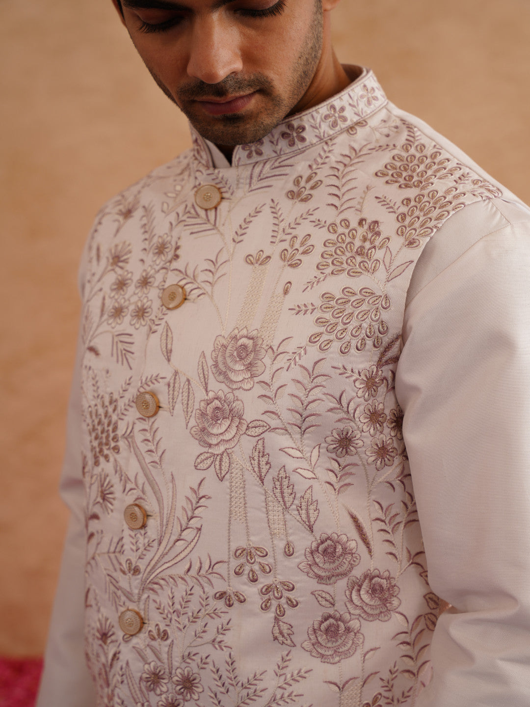 Light Pink Thread And Sequins Embroidered Waistcoat Kurta Set