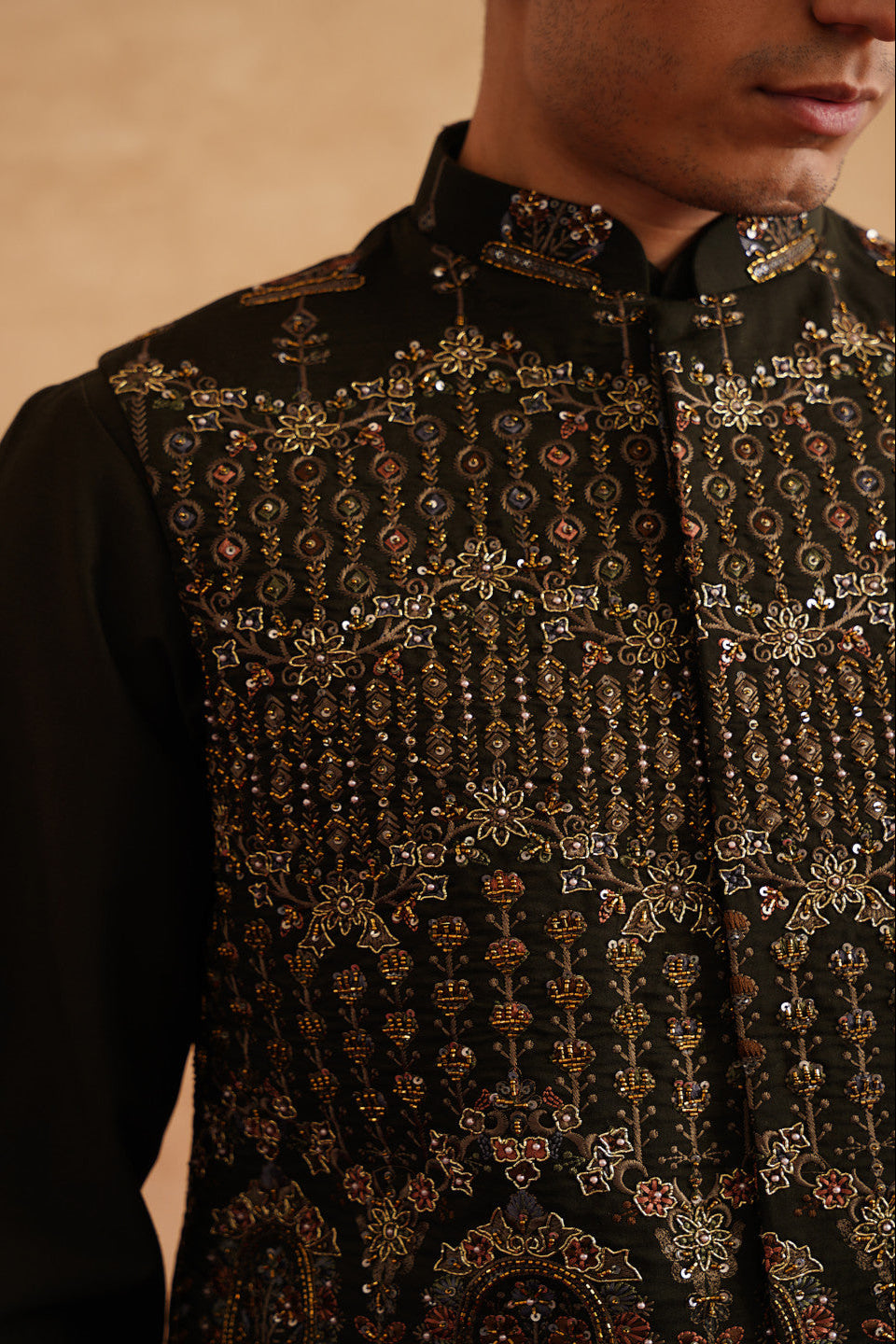 Seaweed Green Hand Embroidered Waistcoat Kurta Set for Men