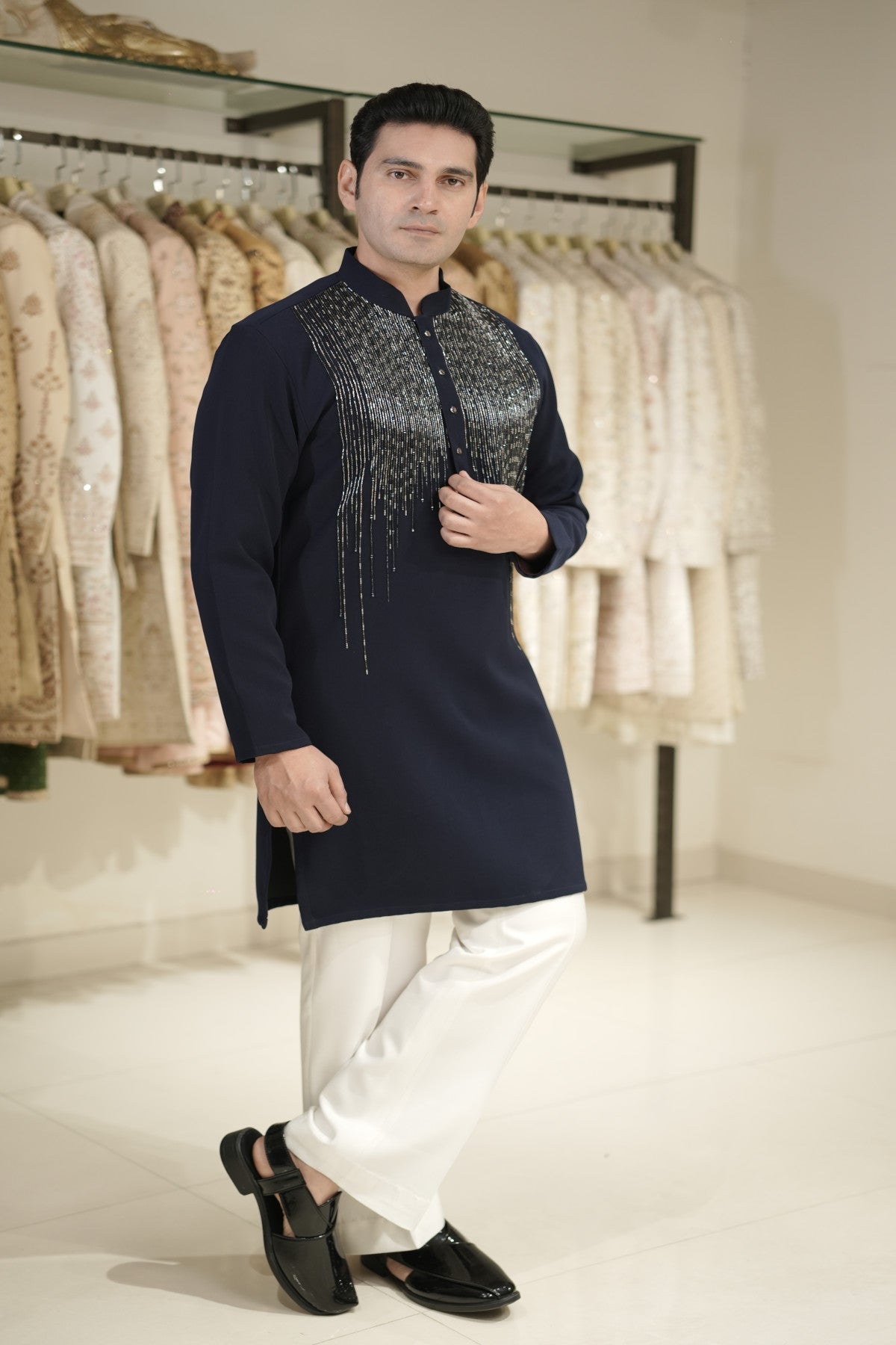 Navy blue kurta set with silver embroidery for men
