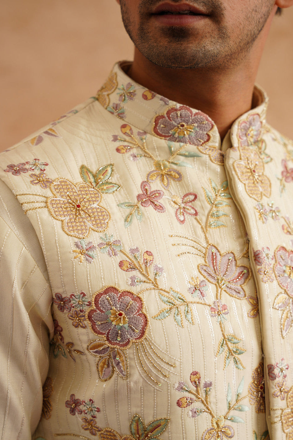 Light Yellow Waistcoat Kurta Set for Men with Hand Embroidery on Silk
