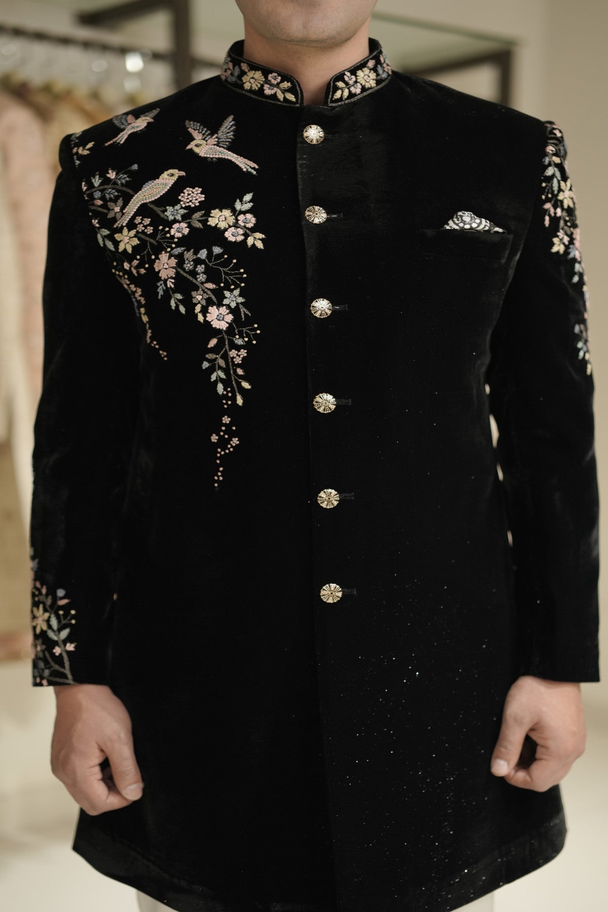 Black Premium Velvet Indowestern Set with Matching Stole