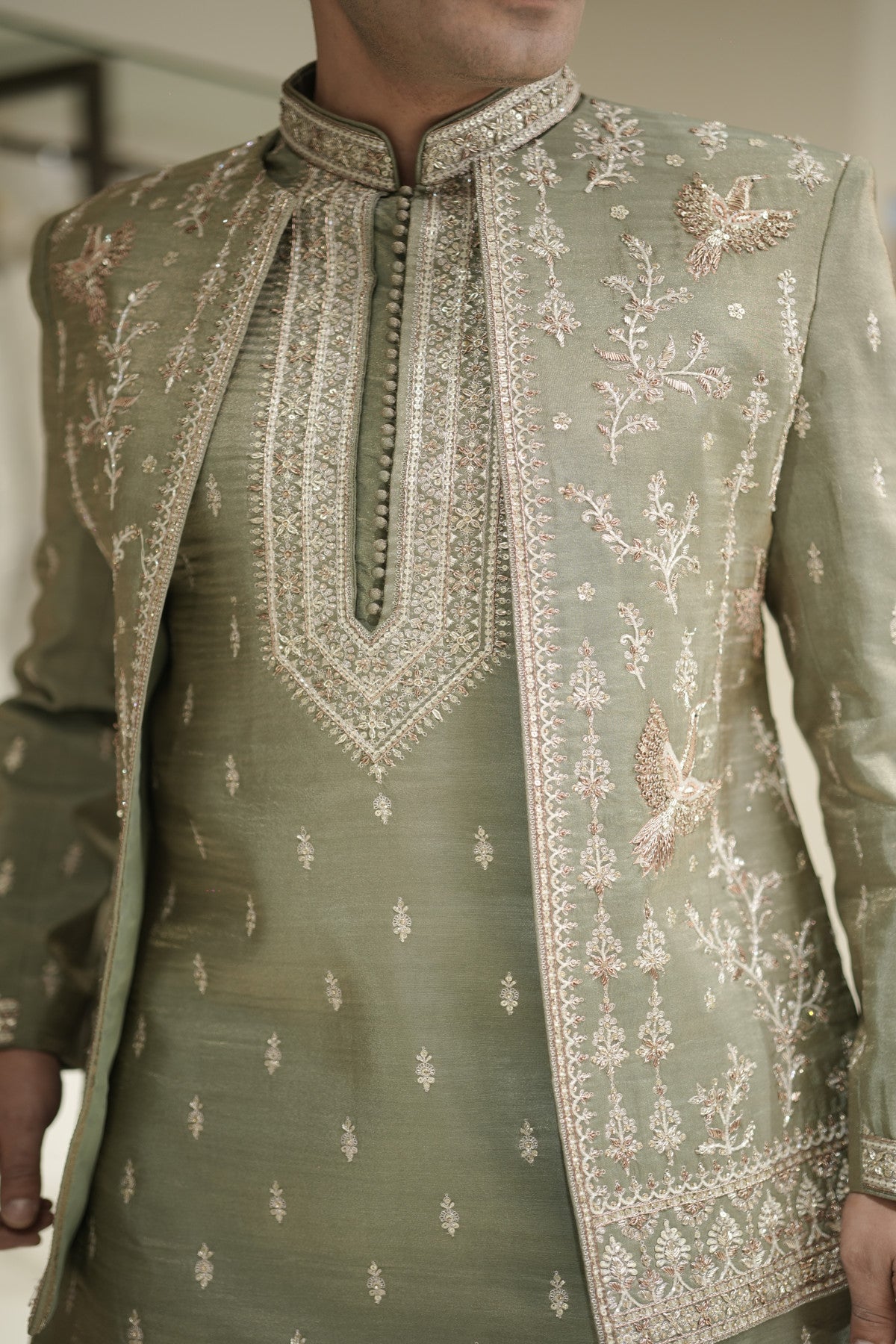 Sage Green Indowestern Set with Hand-Embroidered Bird Motifs