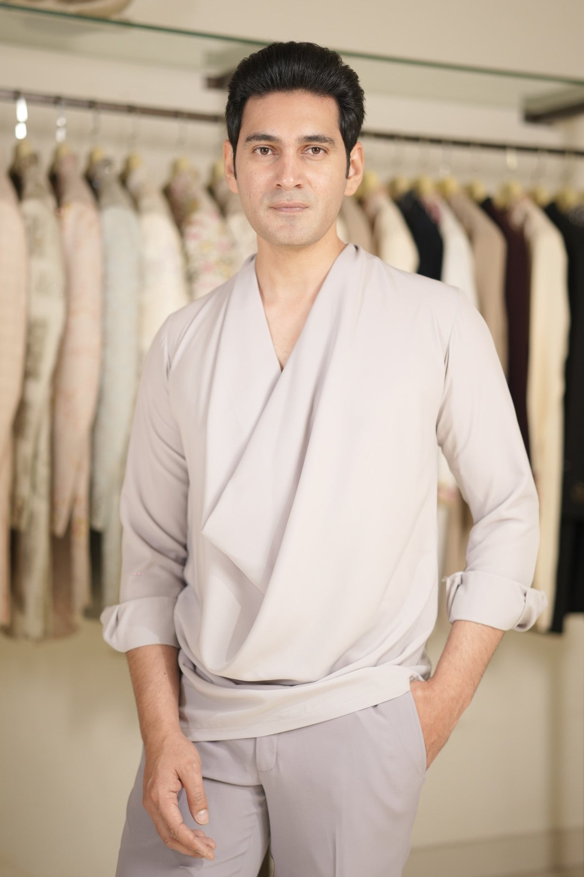 Lilac Tuxedo Suit for Men with Cowl Neck Shirt and Embroidered Lapel Design