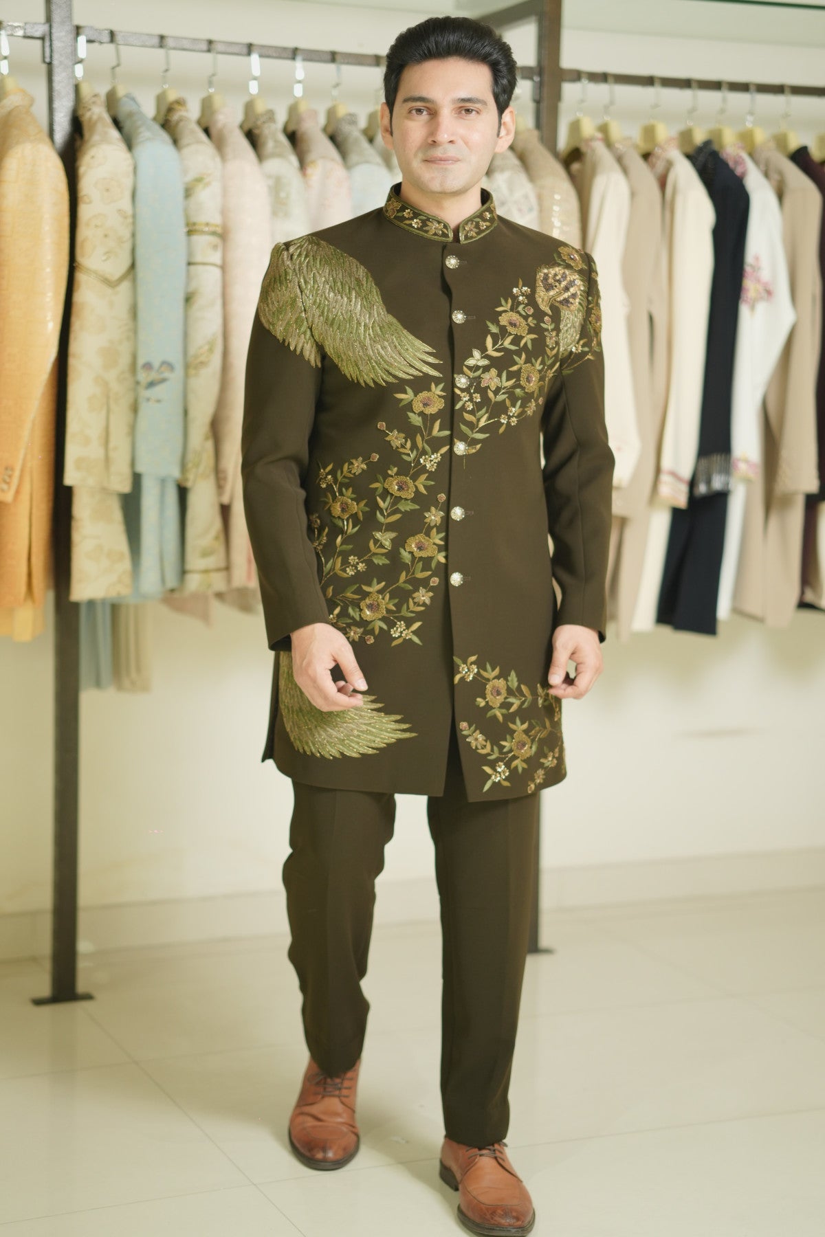Buy Dark Olive Green Indo Western for Men with Wing and Floral Embroidery –  Lagan Wedding