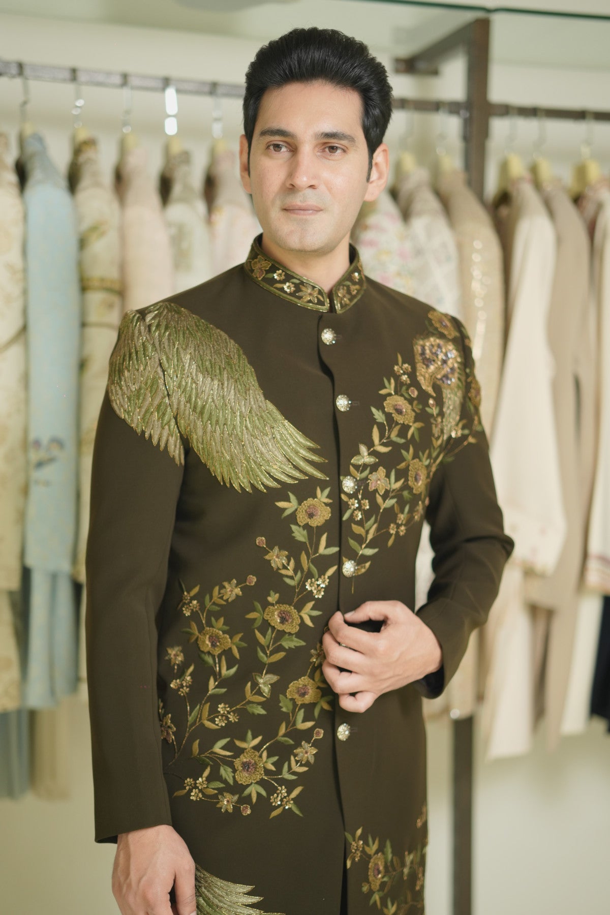 Dark Olive Green Indo-Western with Wing and Floral Embroidery