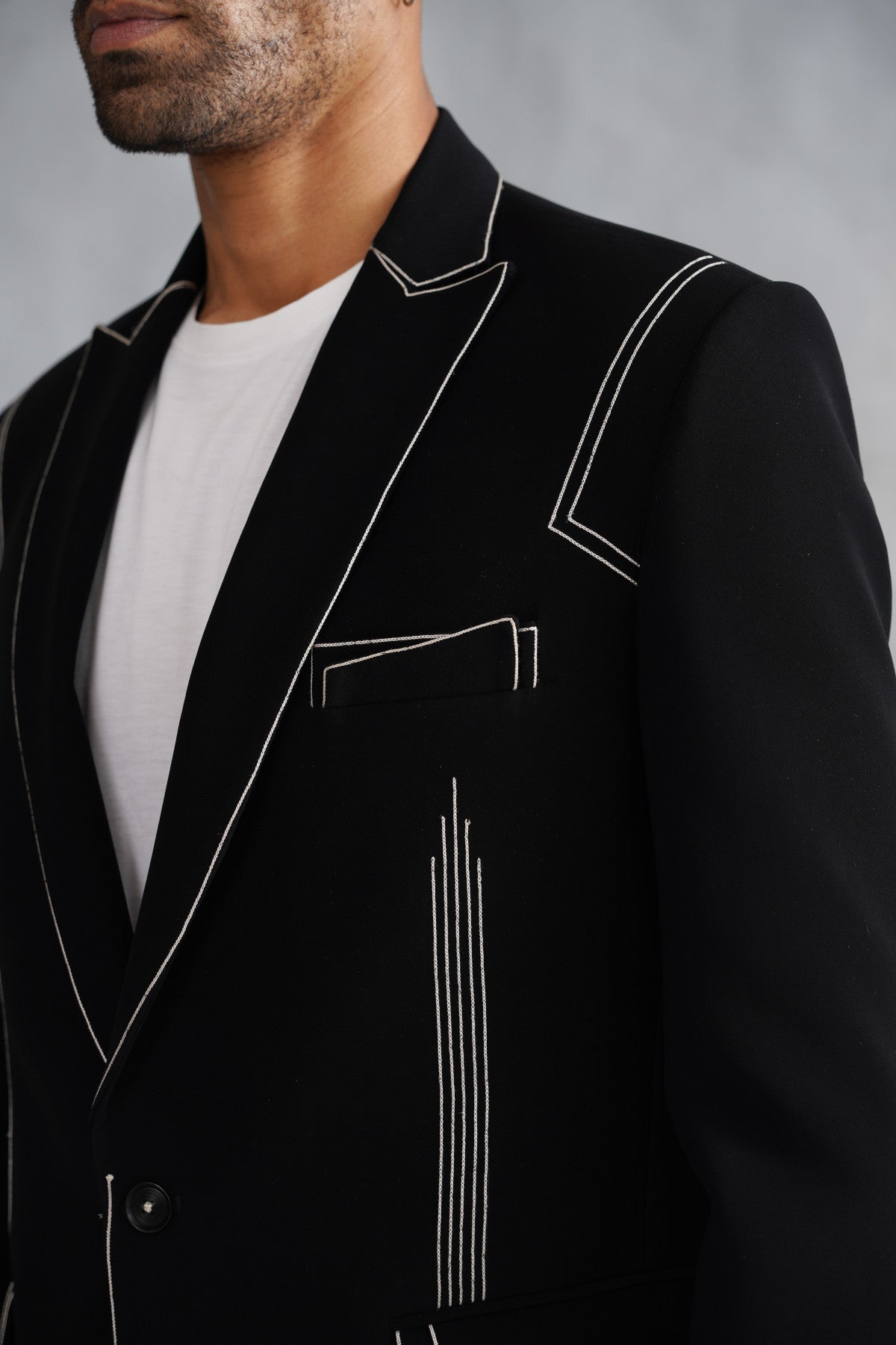 Black Designer Suit with White Contrast Topstitching & Linear Details