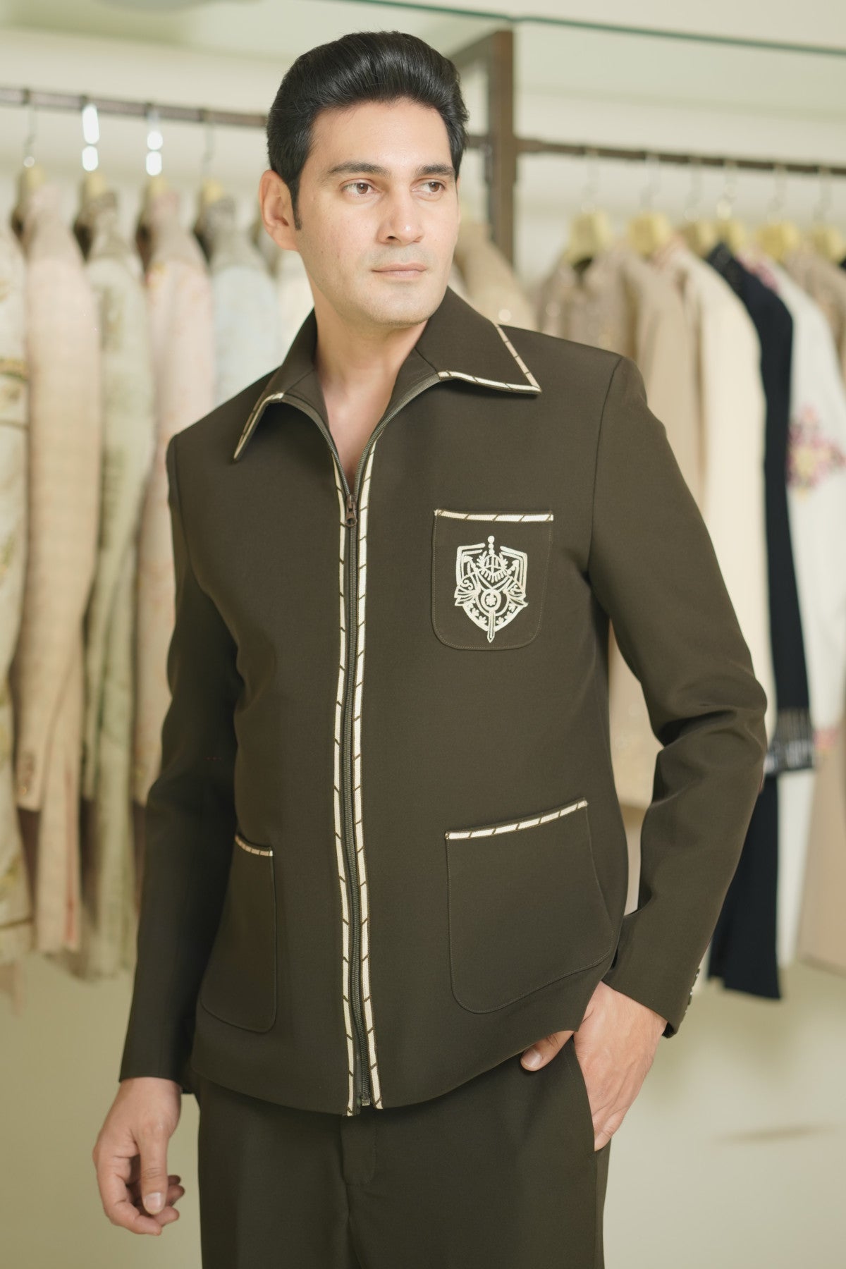 Brown Zip-Up Jacket Set with Embroidered Crest and Thread Work