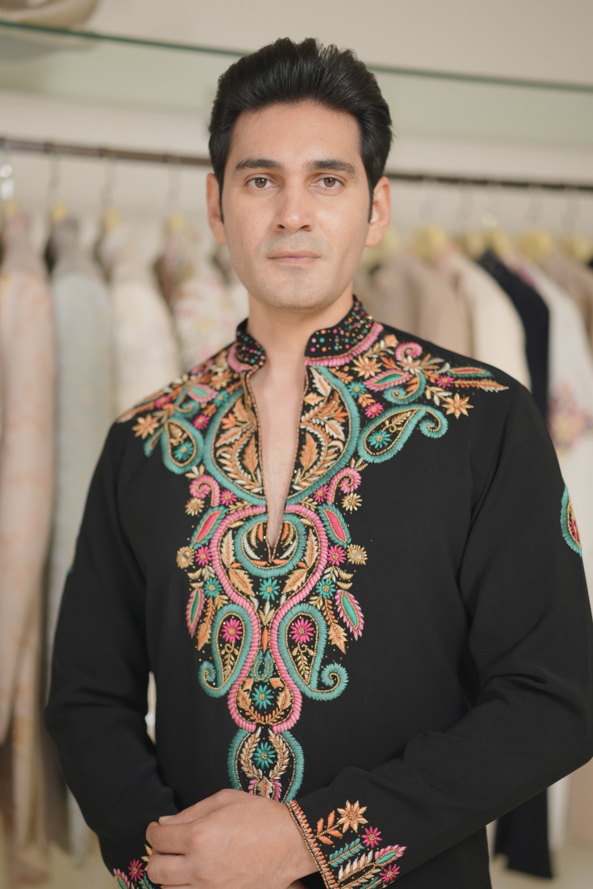 Black Kurta Set with Multi-Color Neckline Embroidery