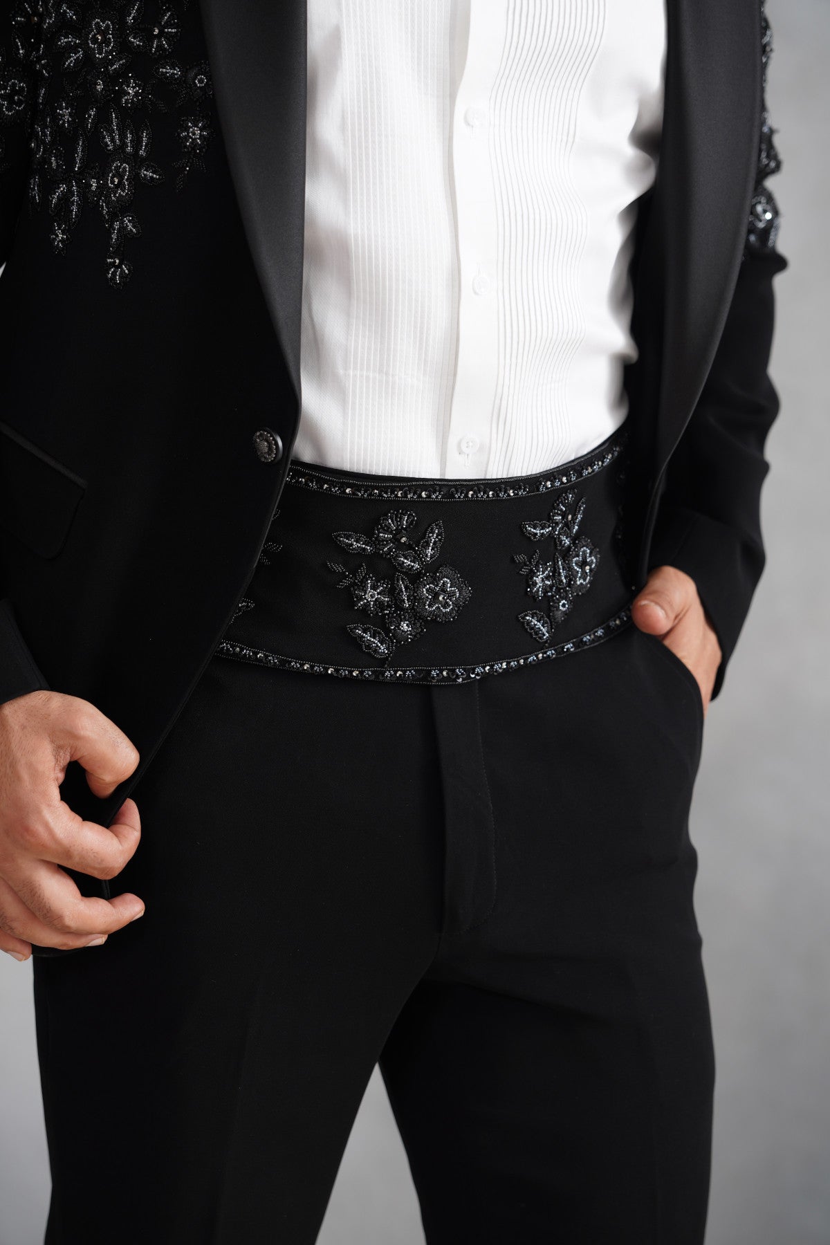 Black Tuxedo Suit with Silver Embroidery & Matching Cummerbund