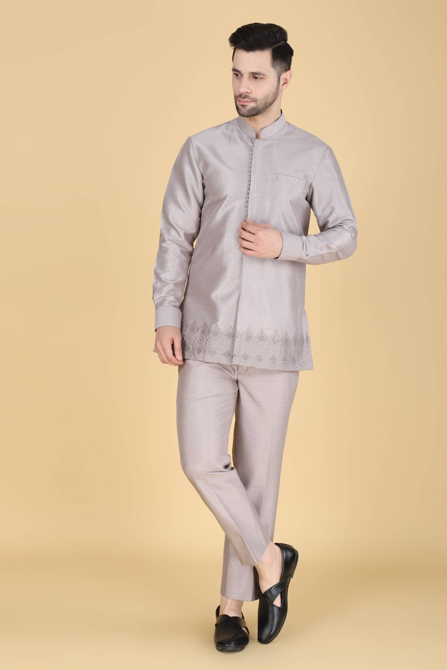 Grey Thread And Sequins Embroidered Short Indowestern On Silk