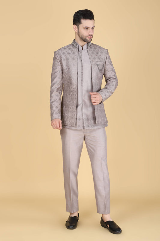 Grey Thread And Sequins Embroidered Short Indowestern On Silk