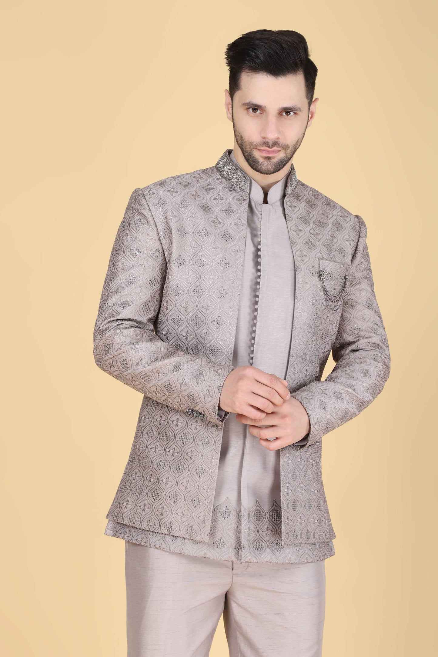 Grey Thread And Sequins Embroidered Short Indowestern On Silk