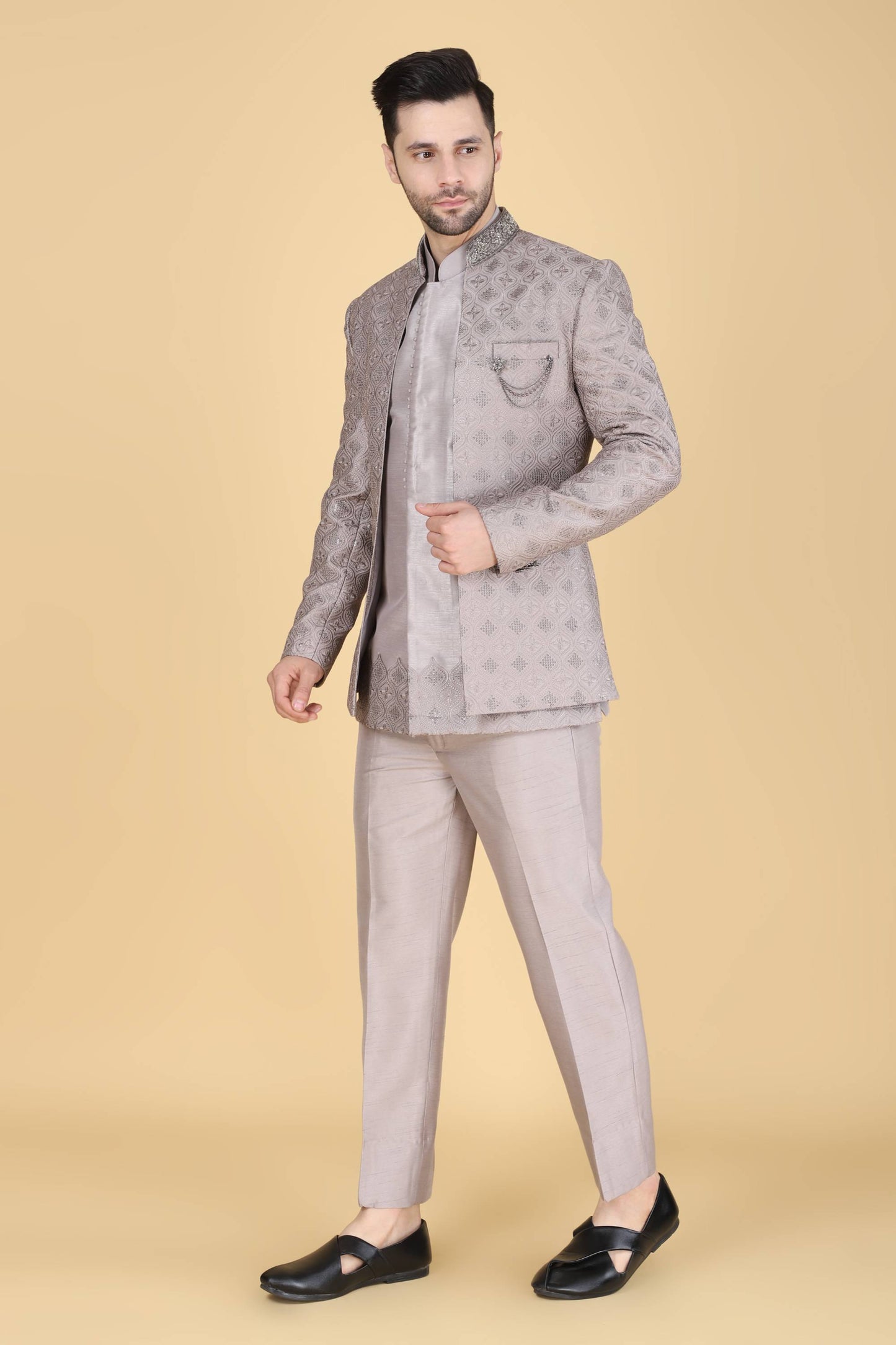 Grey Thread And Sequins Embroidered Short Indowestern On Silk