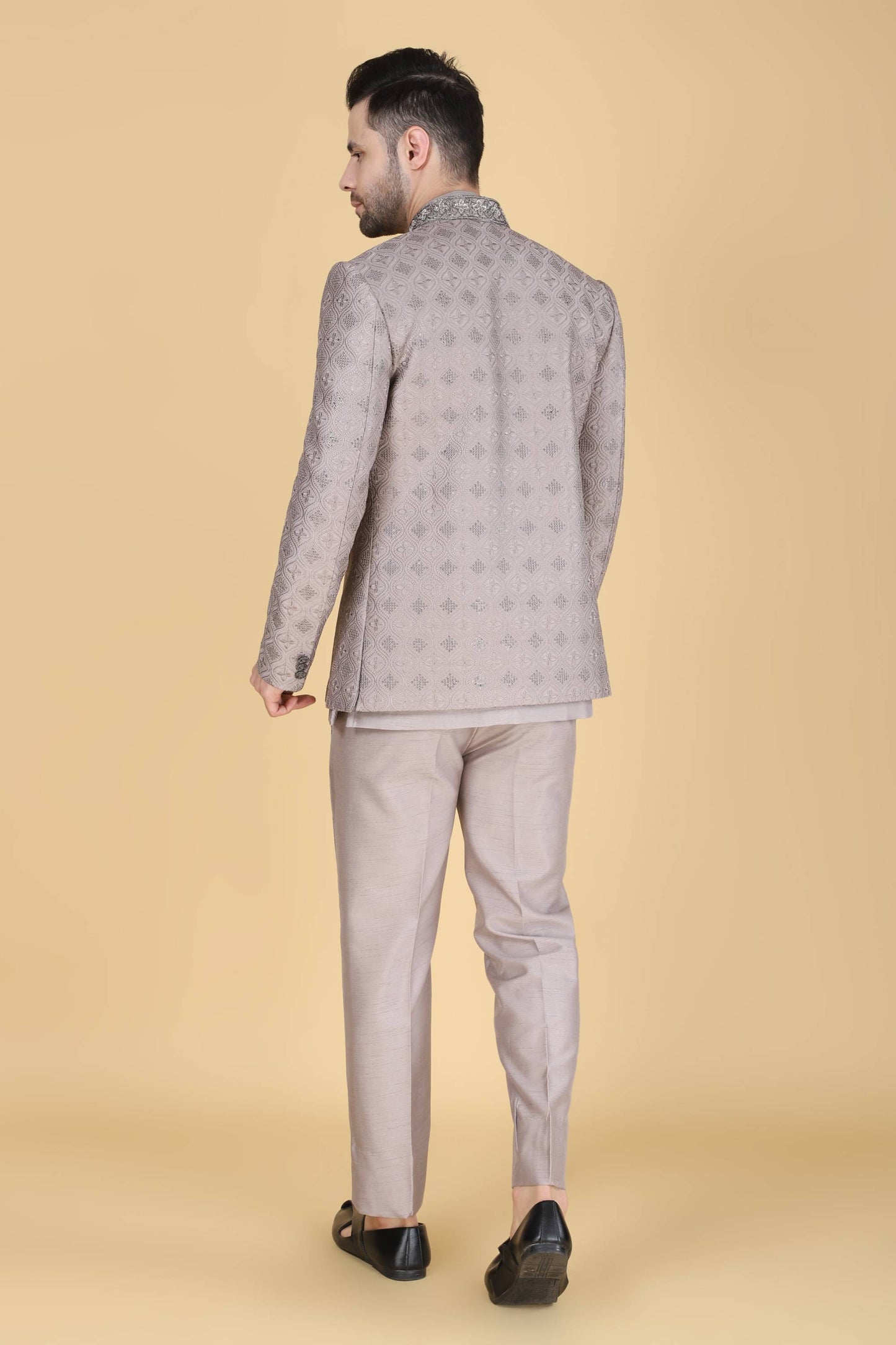 Grey Thread And Sequins Embroidered Short Indowestern On Silk