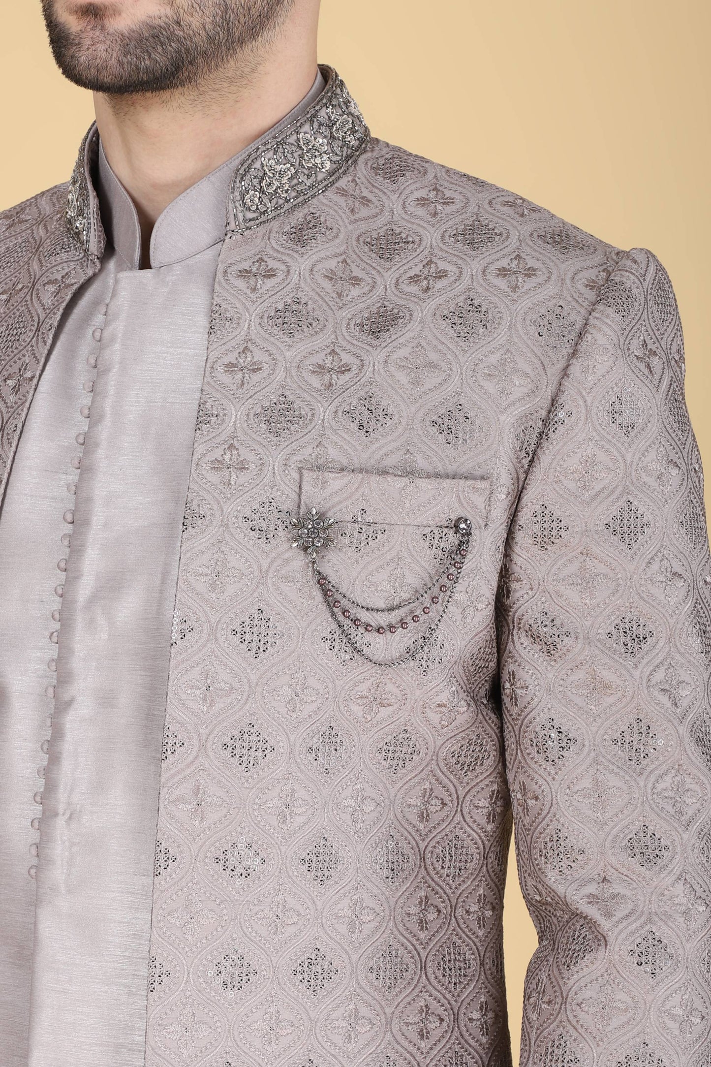 Grey Thread And Sequins Embroidered Short Indowestern On Silk