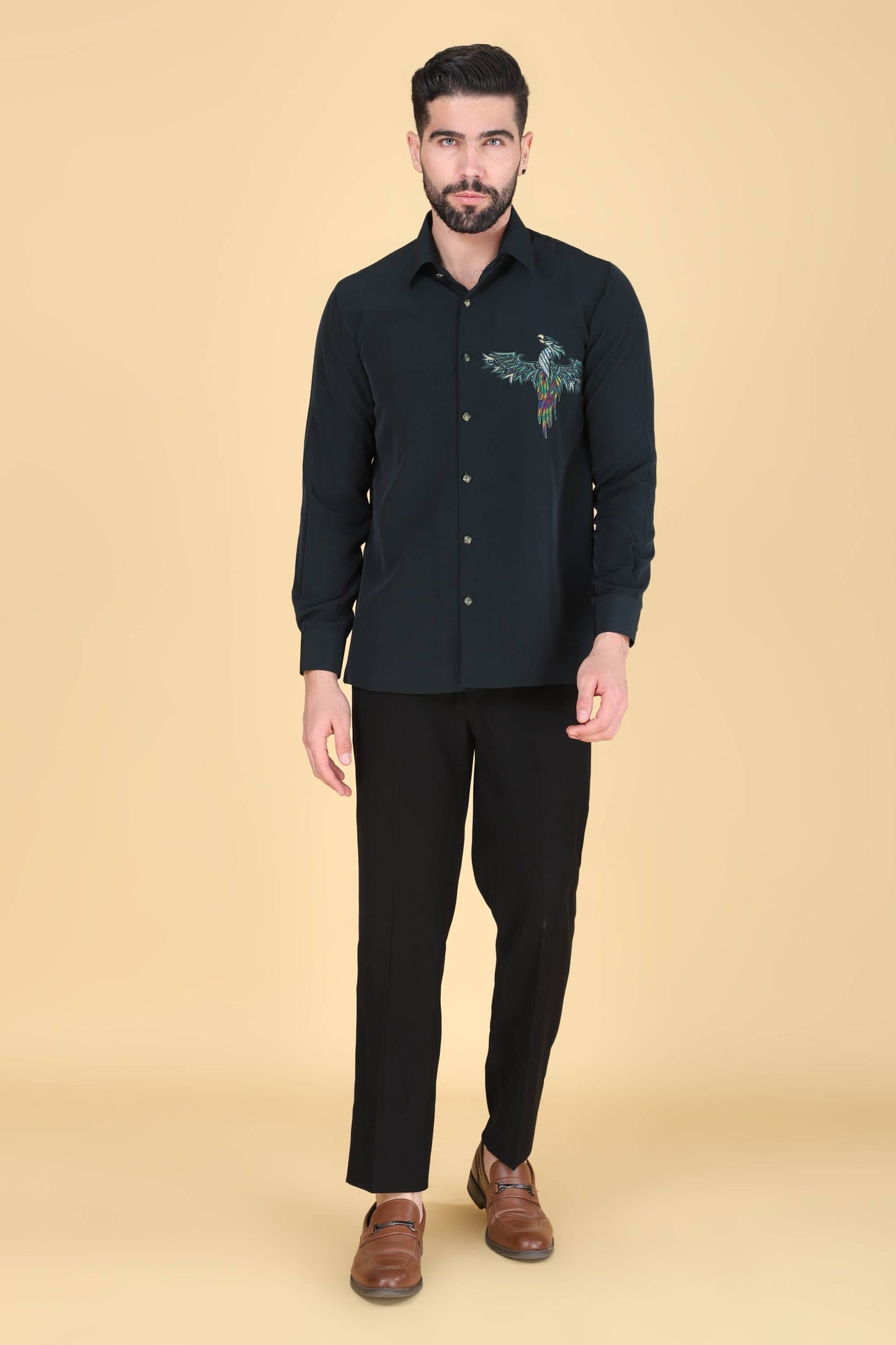 Teal Green Hand Embroidered Shirt for Men