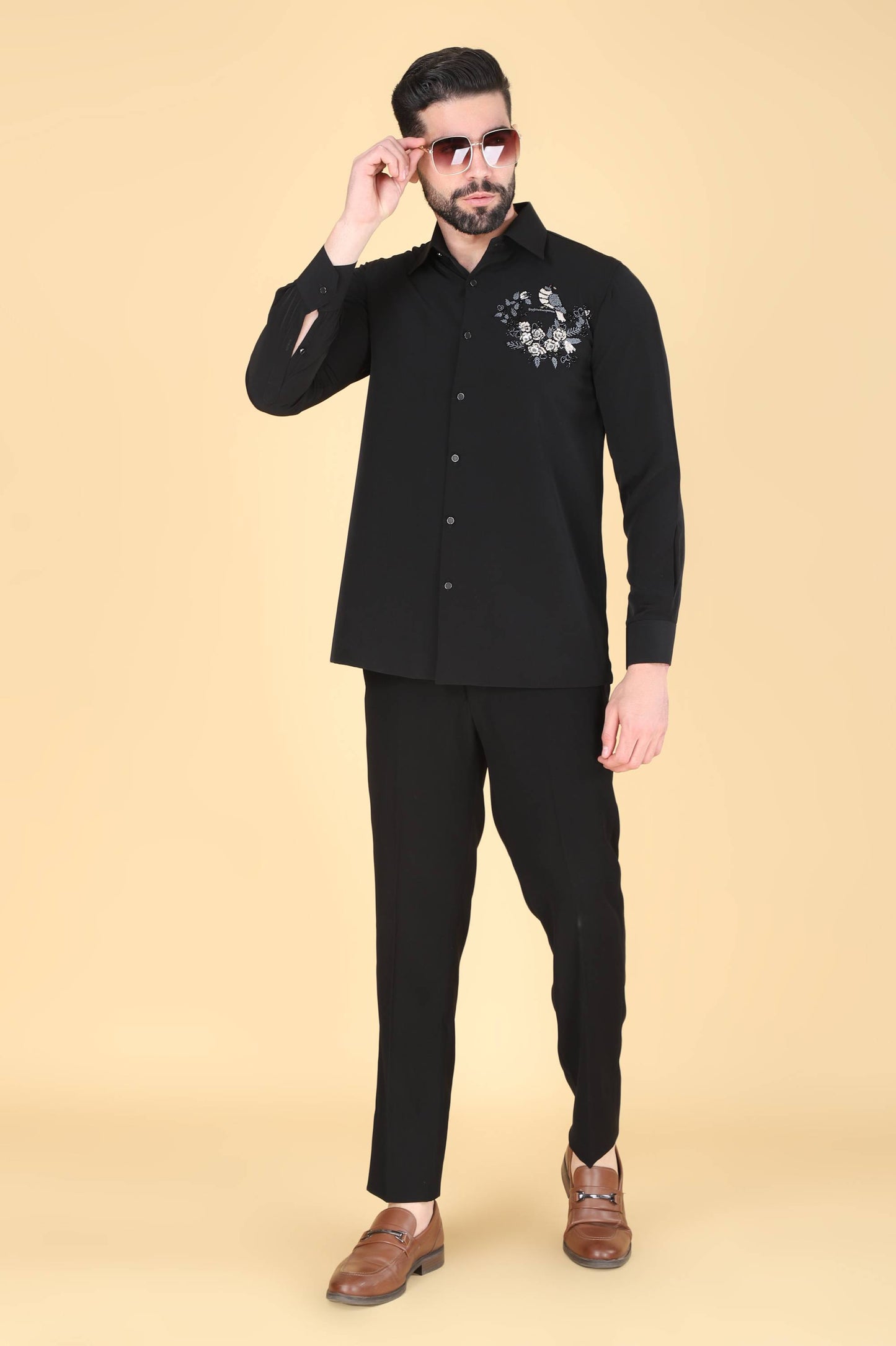 Black Hand Embroidered Shirt for Men